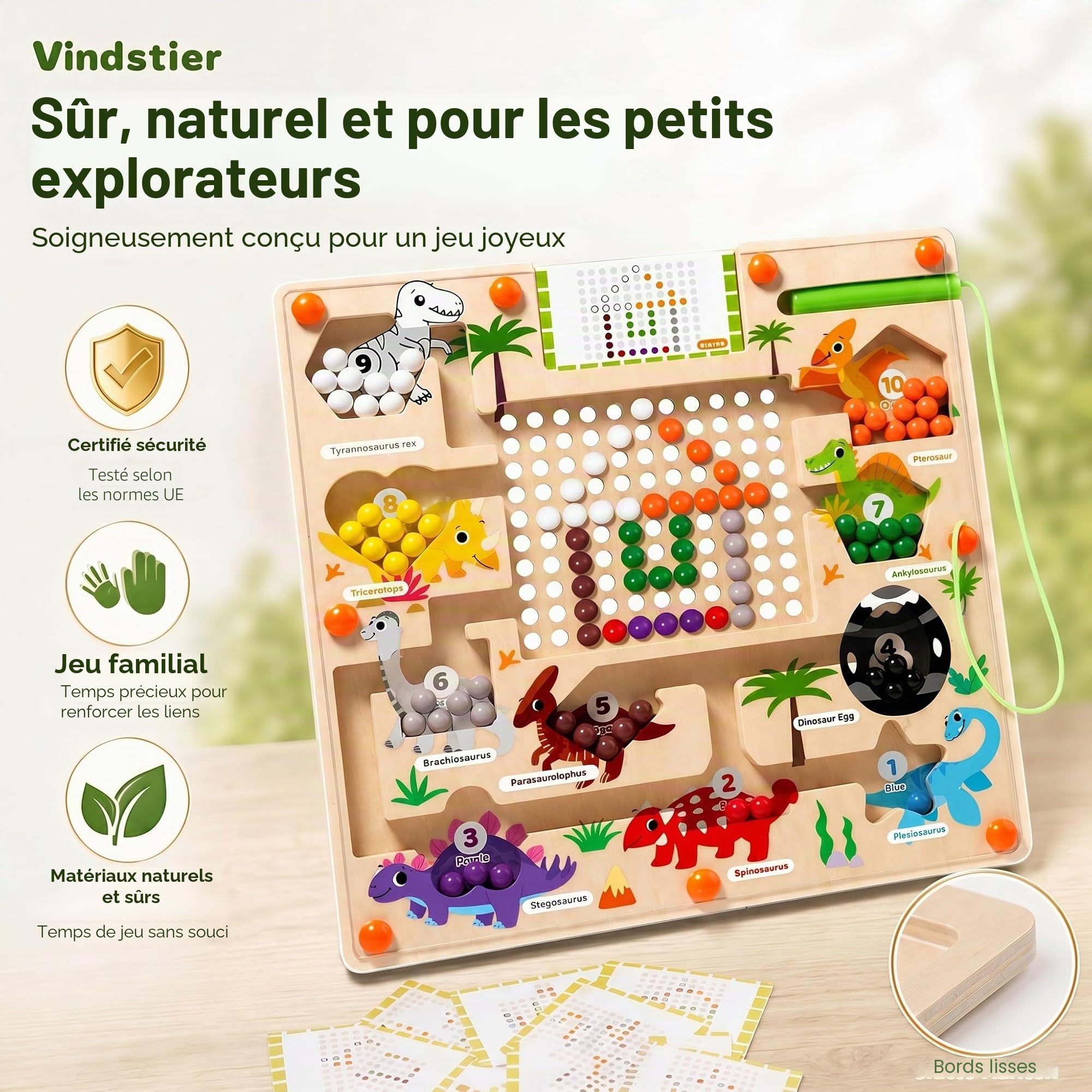 Labyrinthe Magnétique en Bois Dinosaure, Jouet Montessori Éducatif pour Apprendre Chiffres et Couleurs, Jeu de Motricité Fine avec Stylos et Cartes, Cadeau Enfant 3 4 5 6 Ans