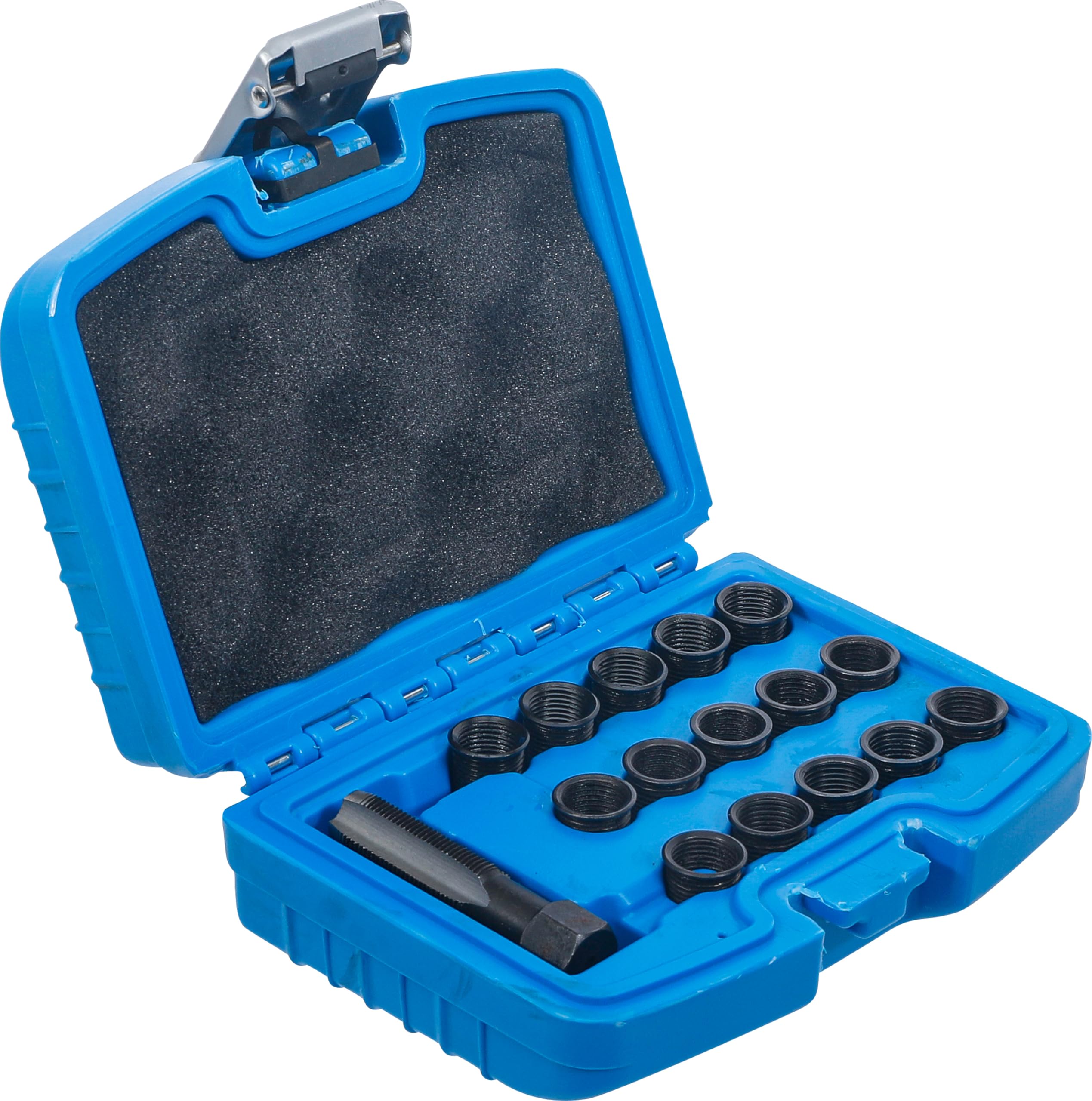 BGS 149 | Juego de reparación de roscas de bujías | M14 x 1,25 mm | 16 piezas | Macho de roscar de acero HSS-G, hexágono exterior de 16 mm, insertos de rosca 11, 16, 19 mm, negro bruñido