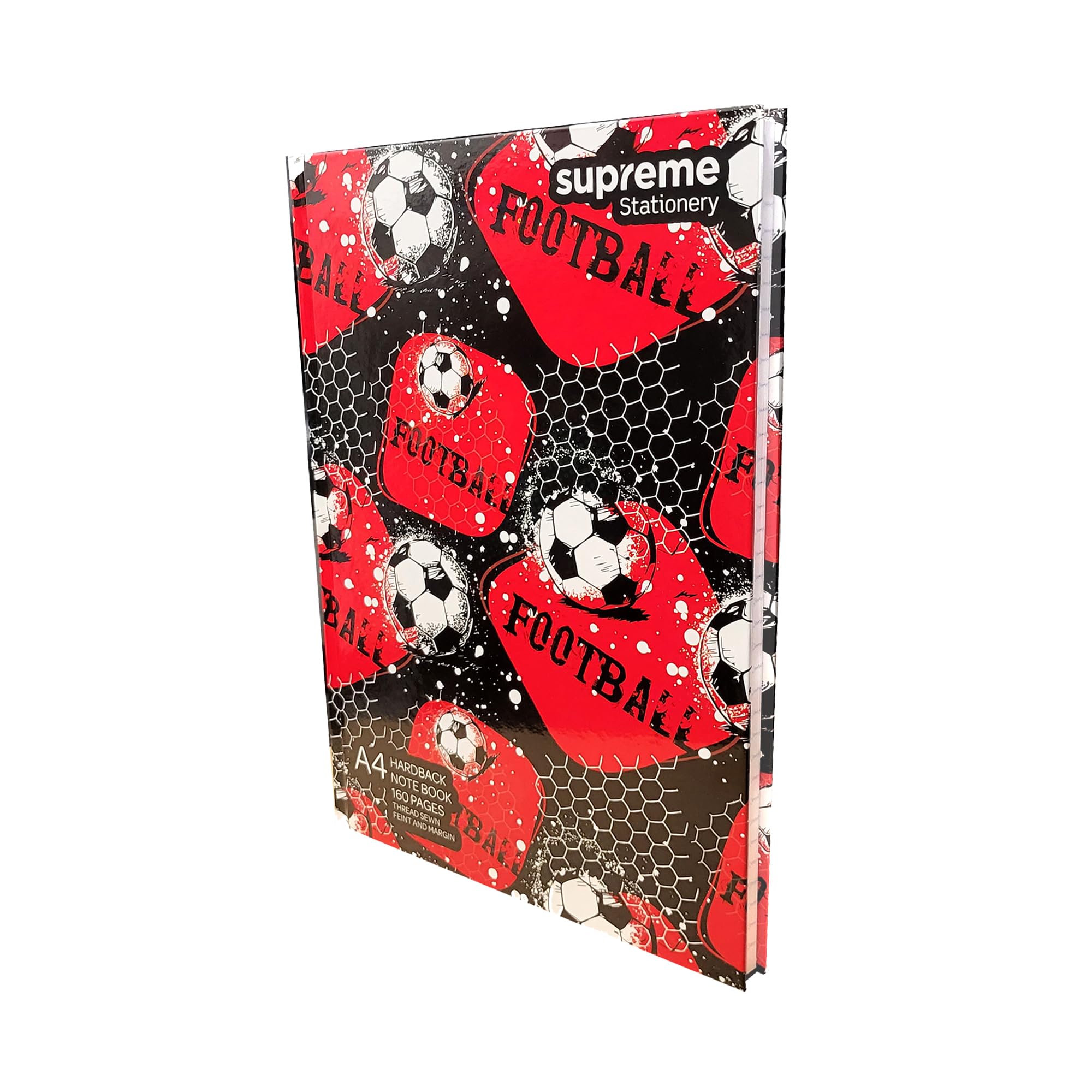 Supreme StationeryA4 Notebook Hardback 160 Pages Thread Sewn Feint and Margin Football Design Cover - Ruled Notebook (Red)