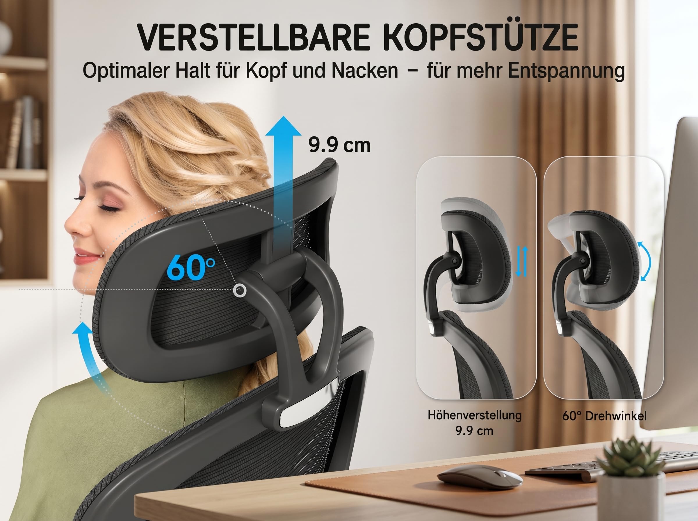 TRALT Ergonomiczne krzesło biurowe, z regulowanym zagłówkiem, krzesło biurowe z regulacją wysokości, krzesło gamingowe, ergonomiczne krzesło biurowe, 150 kg, na długi czas, kolor czarny