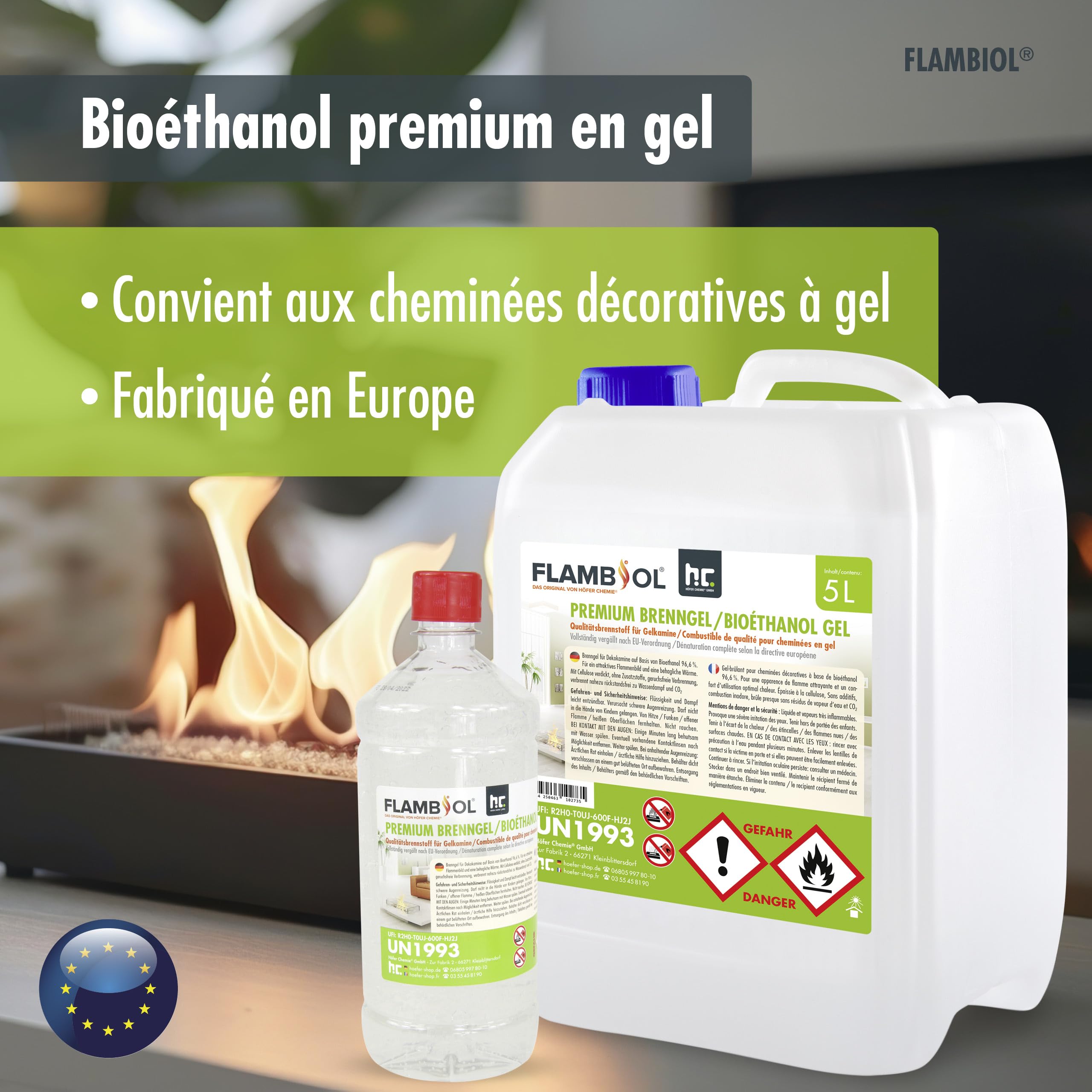 FLAMBIOL® Bioéthanol Premium en Gel (15 x 1 L) – Combustible Longue Durée, Idéal pour Cheminées d'Intérieur et d'Extérieur – Formule Améliorée et Écologique, Fabriqué en Allemagne