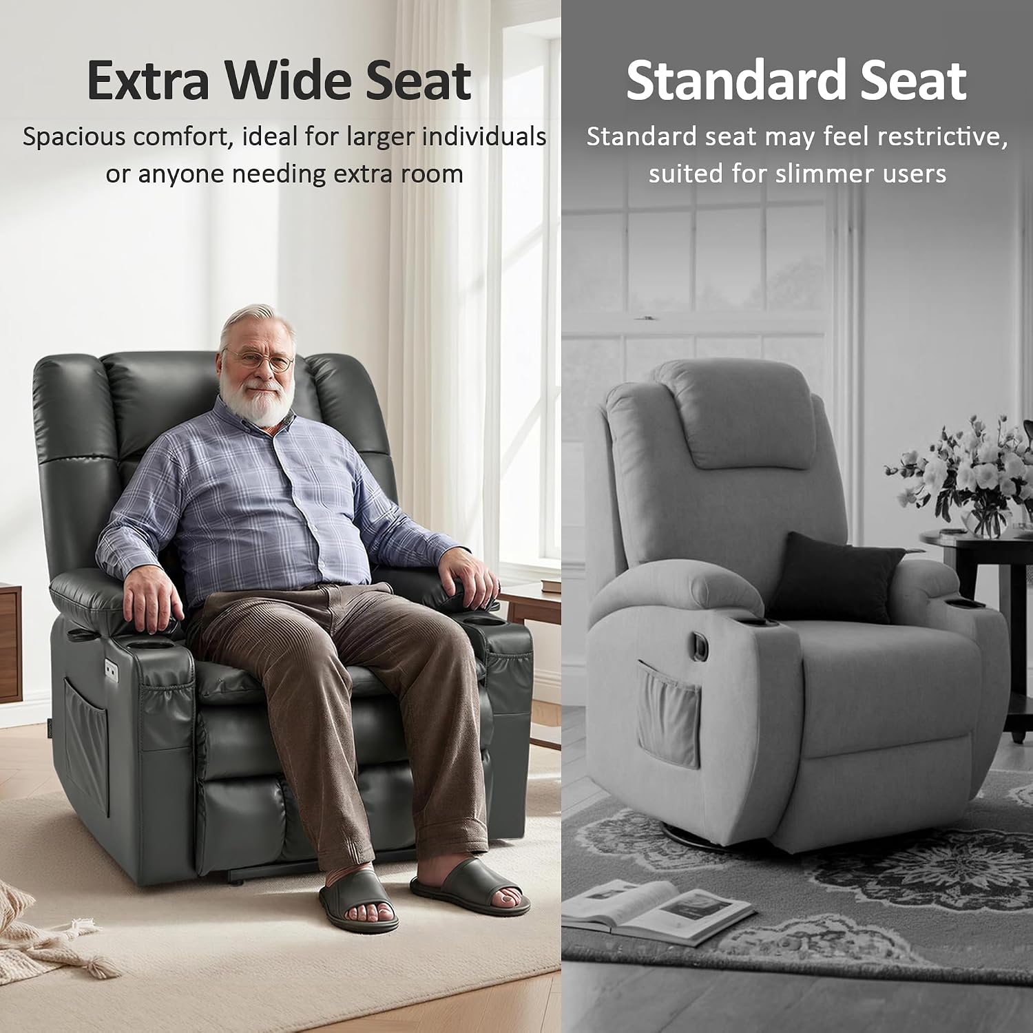 MCombo Dual Motor Power Lift Recliner Chair for Elderly, Lay Flat Lift Chair with Heat and Massage, Oversized Lift Recliner for Big and Tall, Faux Leather R7891 (Grey, Oversized)