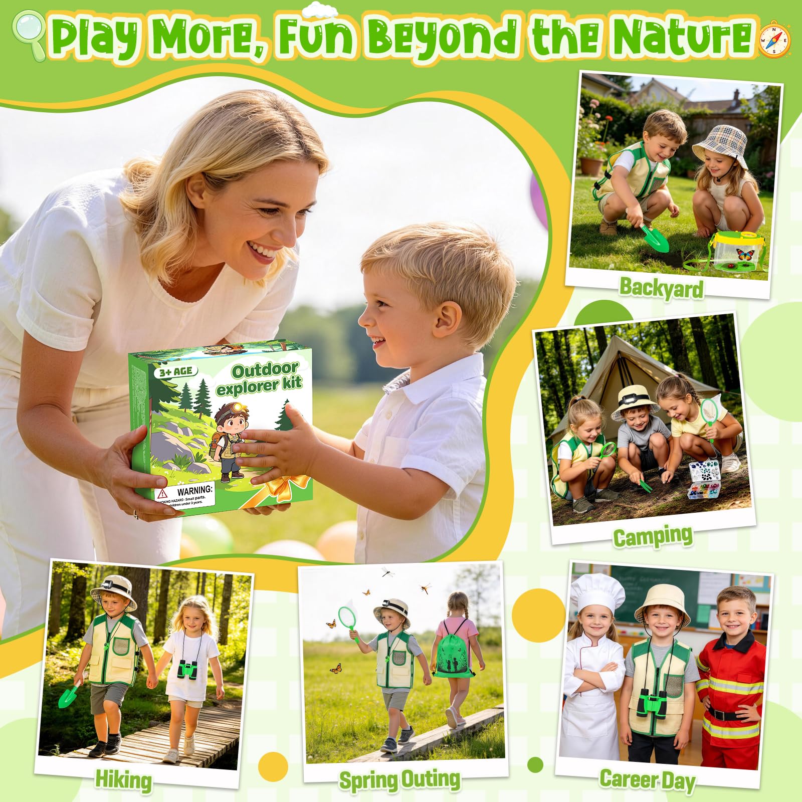 Meaicezli Kit de explorador para niños y atrapasueños, disfraz de safari con equipo de senderismo para niños, prismáticos, faro, hábitat de insectos, exploración al aire libre para camping, aventura