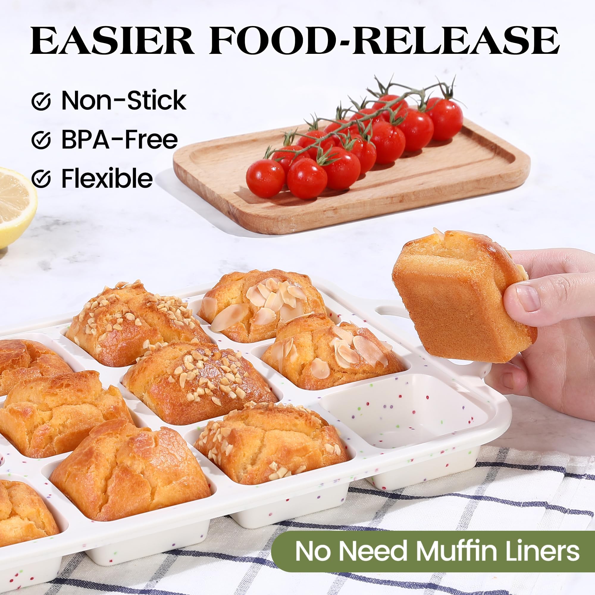 Lot de 2 mini moules à brownie carrés en silicone avec séparateurs pour la cuisson individuelle antiadhésive, 12 muffins, cupcakes avec cadre renforcé en métal (crème)