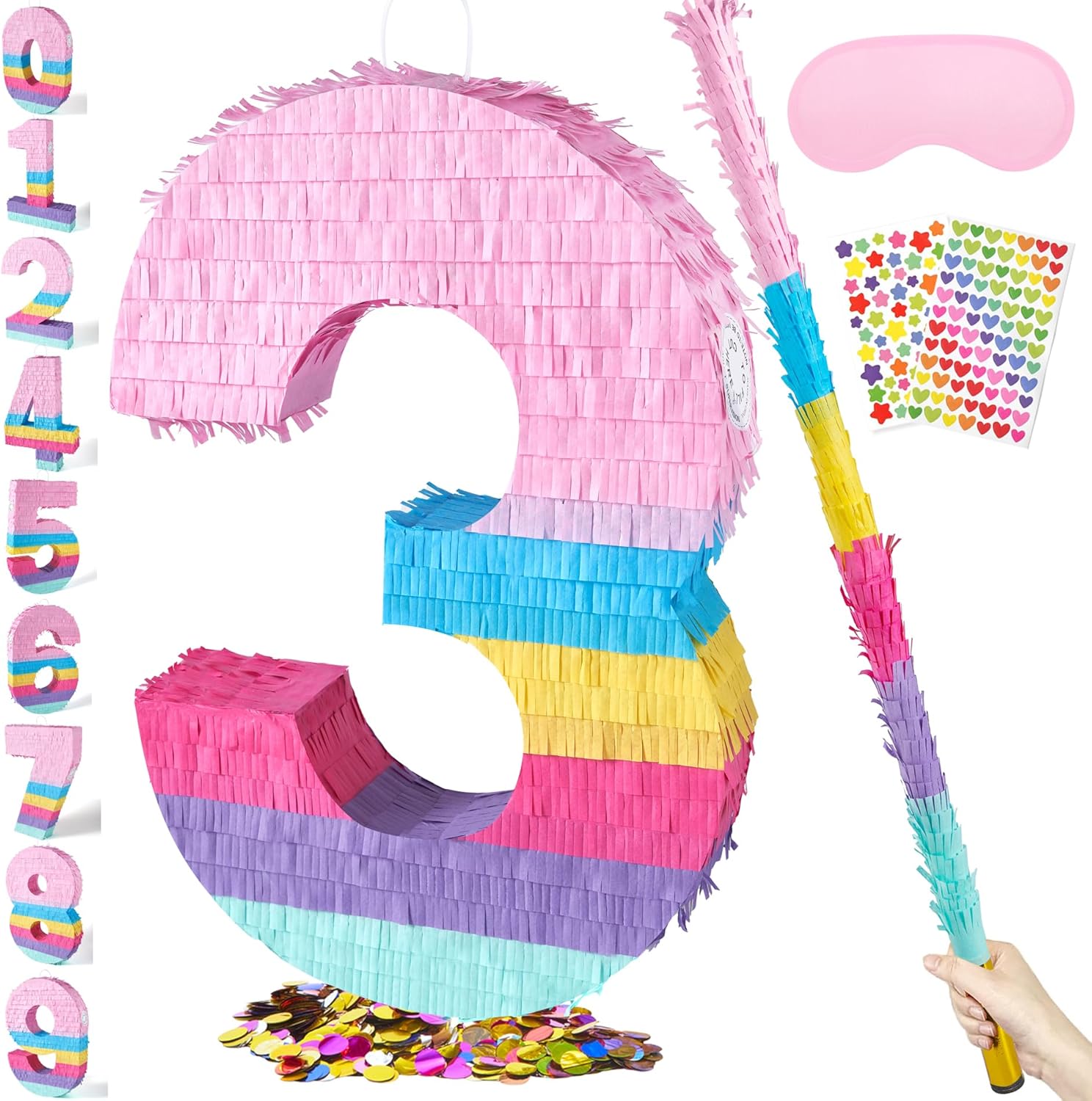 PCFING 20 Inch Number 3 Piñata Candy Color with 30 Inch Piñata Stick Blindfold Confetti for Boys Girls Adults Birthday Party Decorations, Anniversary Celebration, Fiesta