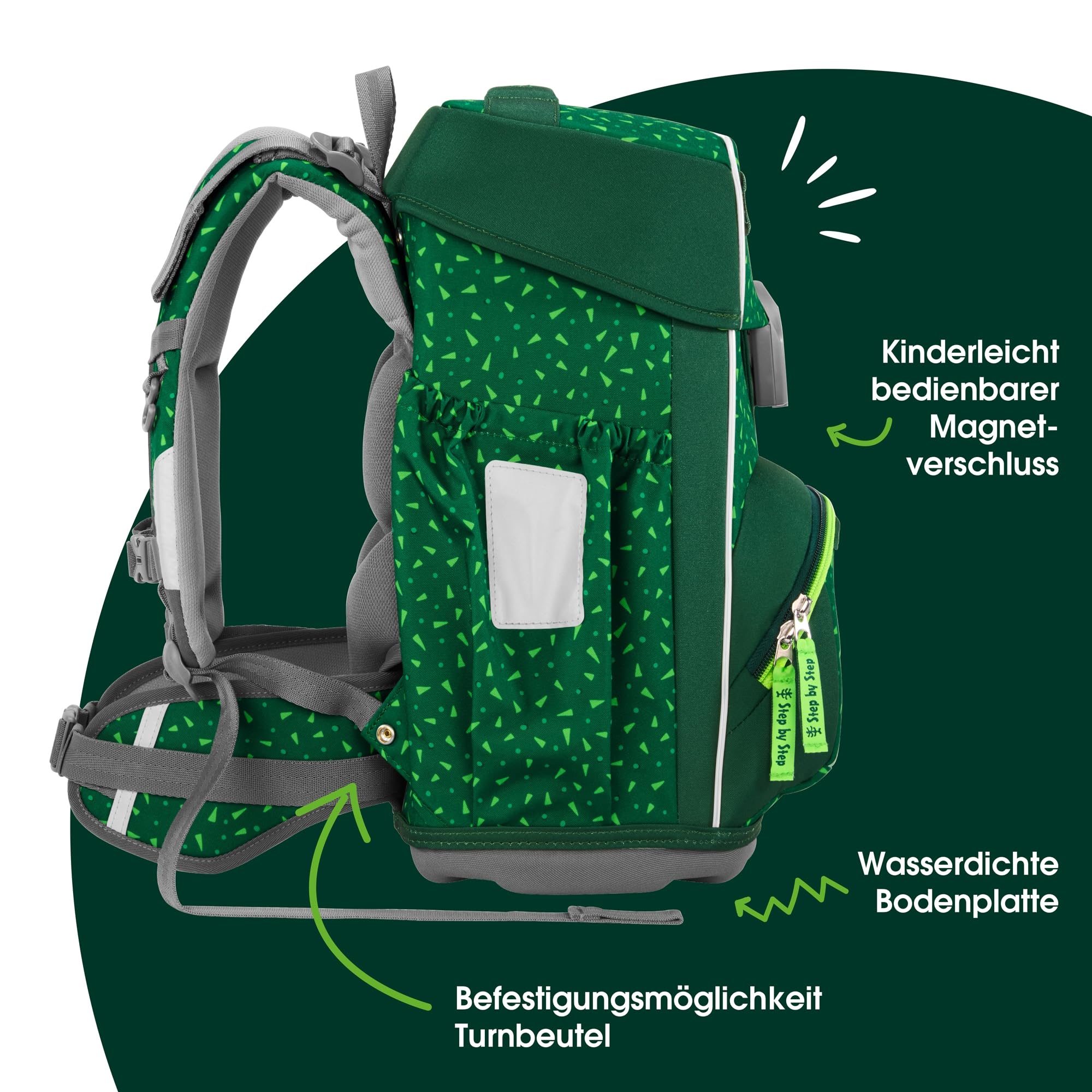 Step by Step Basis Schulranzen-Set „Green Graphics“, 4-teilig, grün, ergonomischer Tornister mit Reflektoren, Hüft- und Brustgurt, für Kinder ab der 1. Klasse, 20 Liter