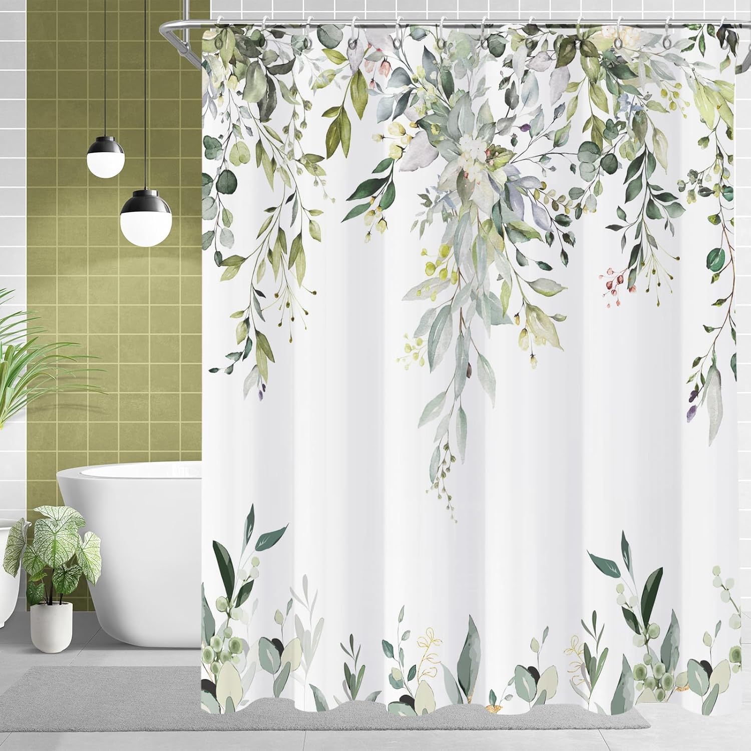 Sage Green Eucalyptus Extra Long Shower Curtain, Watercolor Leaves Plant Spring Floral Waterproof Fabric Machine Washable with Hooks for Bathroom Bathtub Decor 72Wx84H
