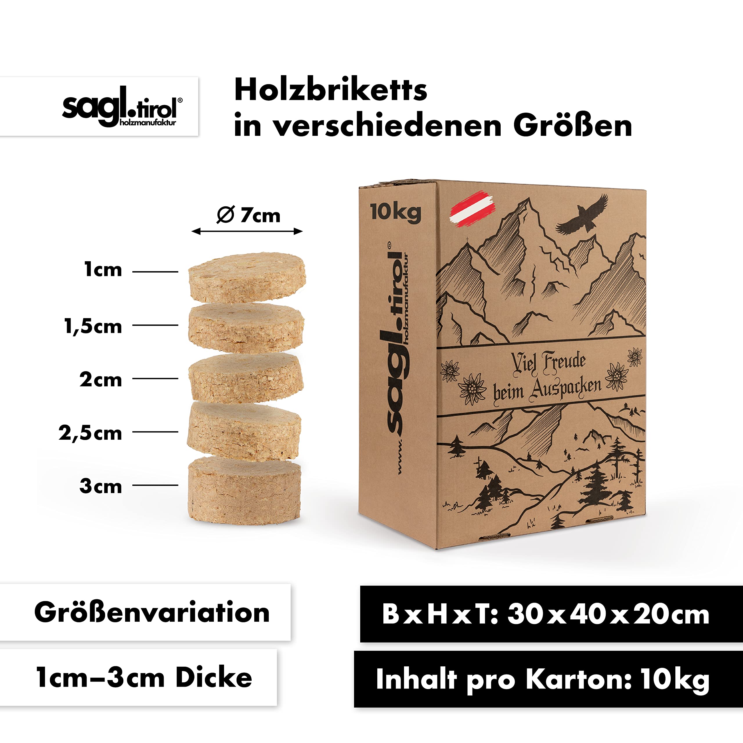 Holzbriketts aus Nadel Holz im Karton I 20 kg I Ø 7cm I 100% Nadelholz aus Österreich Regional und Ökologisch Hergestellt I Natürliches Brikett mit hohem Heizwert I Ohne Bindemittelzusätze