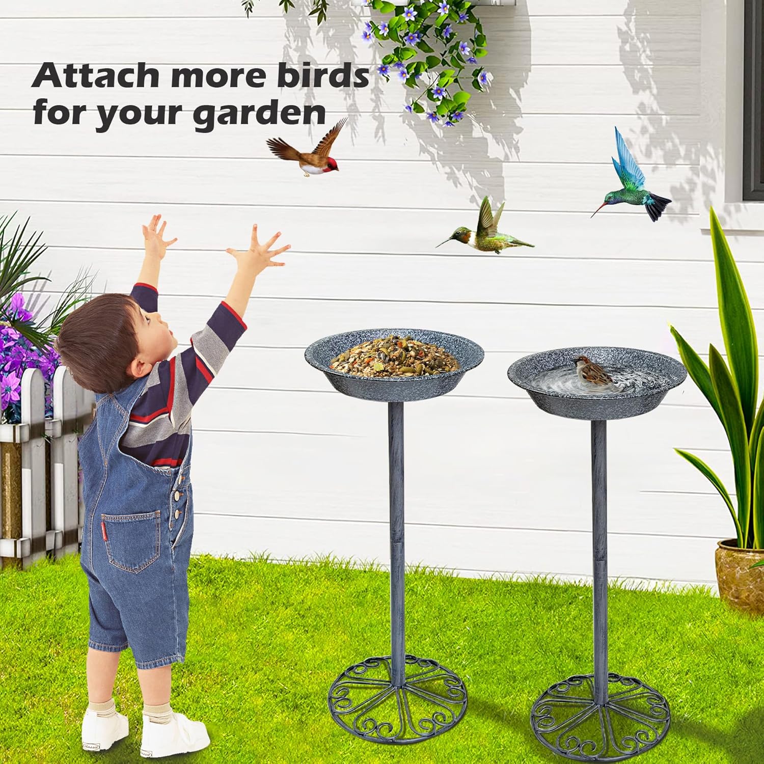 Outdoor Garden Bird Bath, 25.5 inch Height Bird Feeder, Metal Birdbath with Dragonfly for Garden Yard Patio Lawn Decoration, Gray