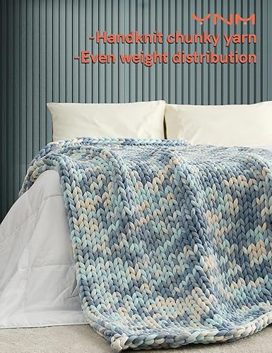 Miniatura 3 de YnM Manta de punto con peso, hecha a mano, manta con peso de punto grueso para dormir o decoración del hogar (azul claro, teñido anudado, 80 x 87
