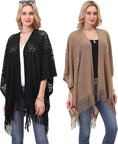 Chal de punto para mujer – Soul Young Ladies Fringe Punto Poncho Manta Cardigan Capa (2 piezas)