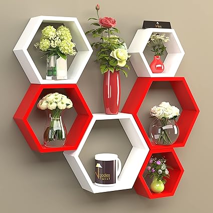 Raafi Hexagonal Shape Wooden Floating Wall Shelves (Set of 6) (Red & White)