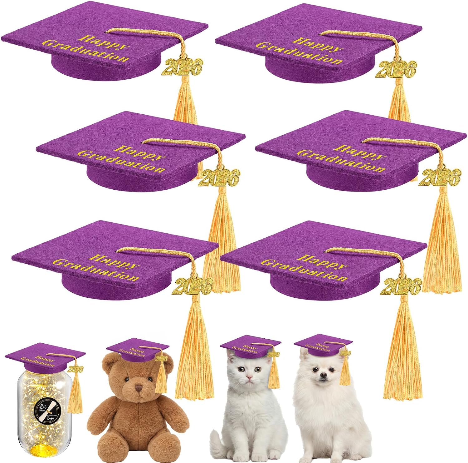 Mimorou 6 Pcs Mini Graduation Caps with 2026 Tassel Plush Mason Jars Small Animal Bachelor Hat for Photo Props Party Supply