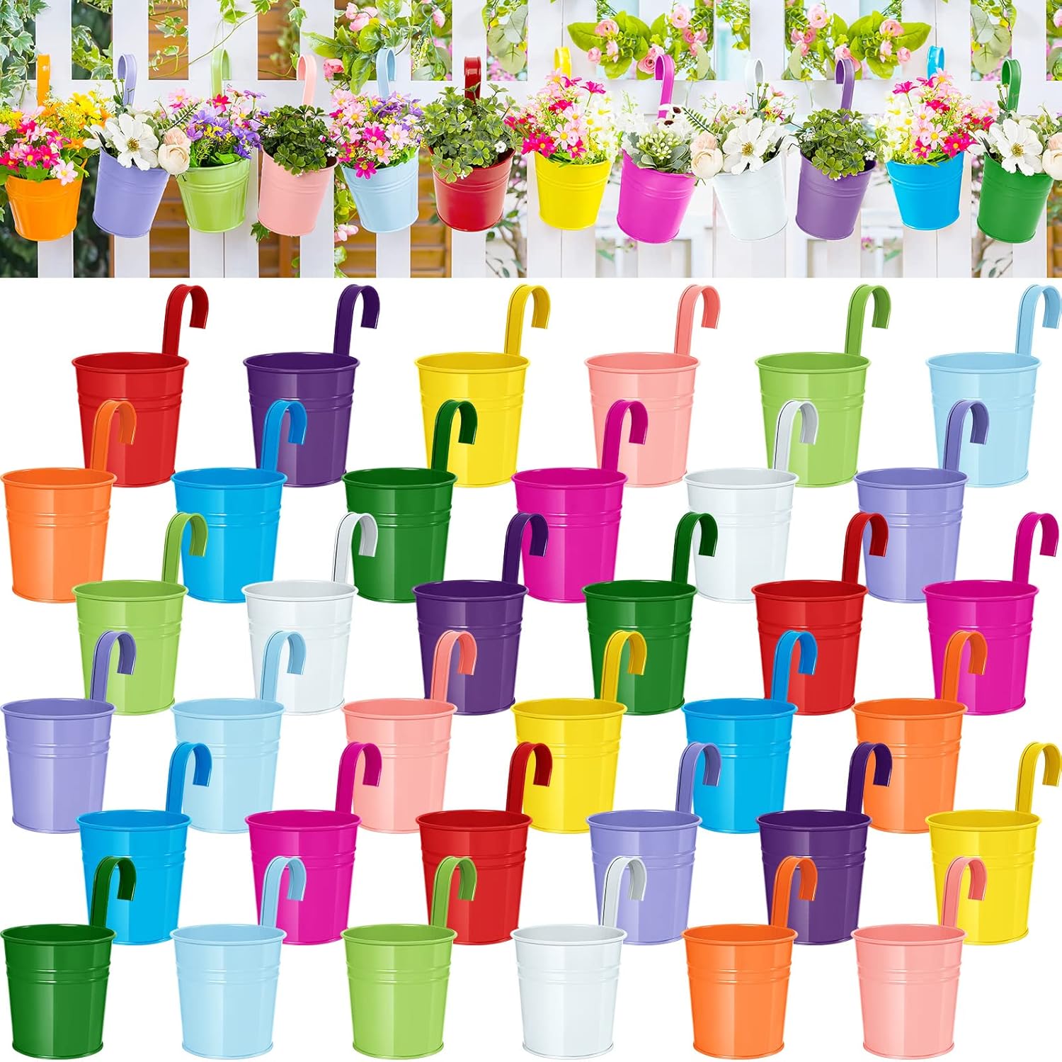 Paquete de 36 macetas de barandilla de 4 pulgadas, macetas colgantes de flores coloridas para plantas de exterior con gancho desmontable, maceta de