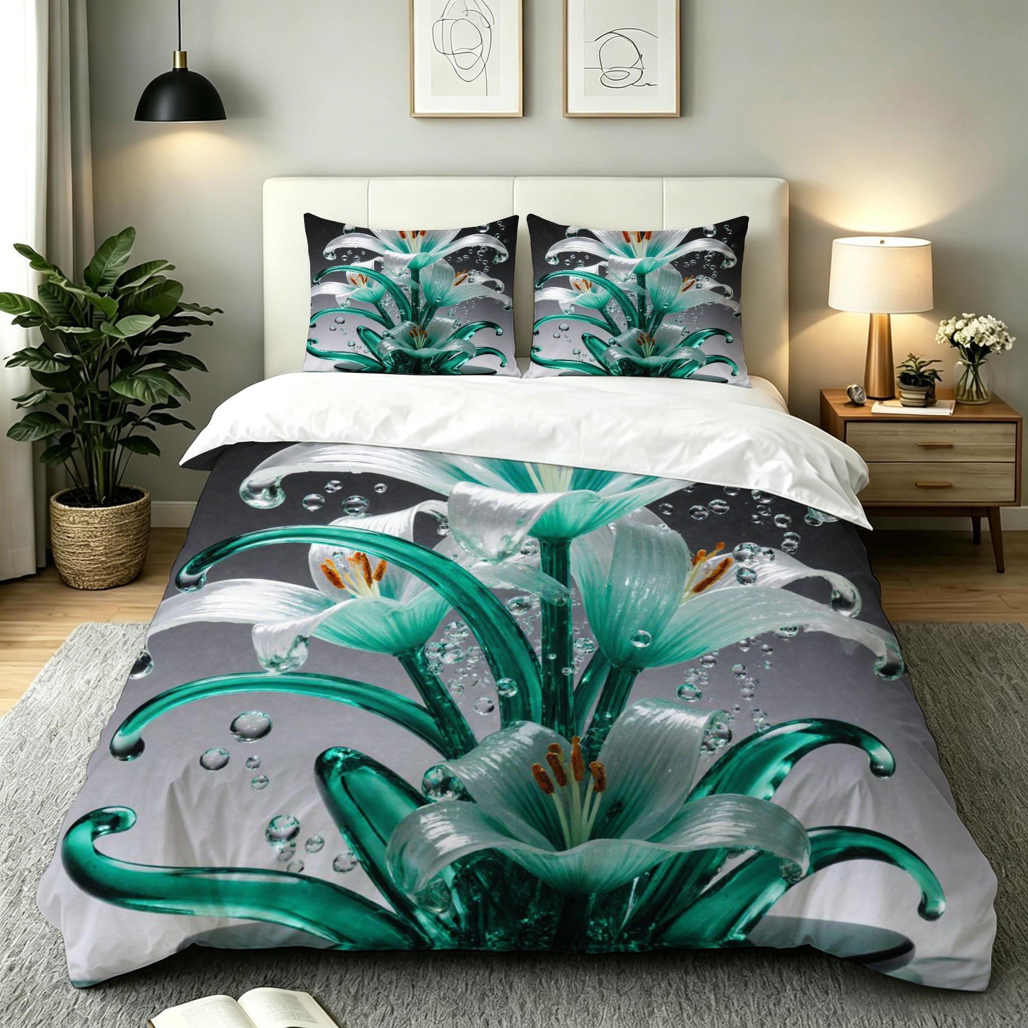 Housse de couette fleurs bleues 160x200 cm avec 2 taies d'oreiller en microfibre douce AW6417