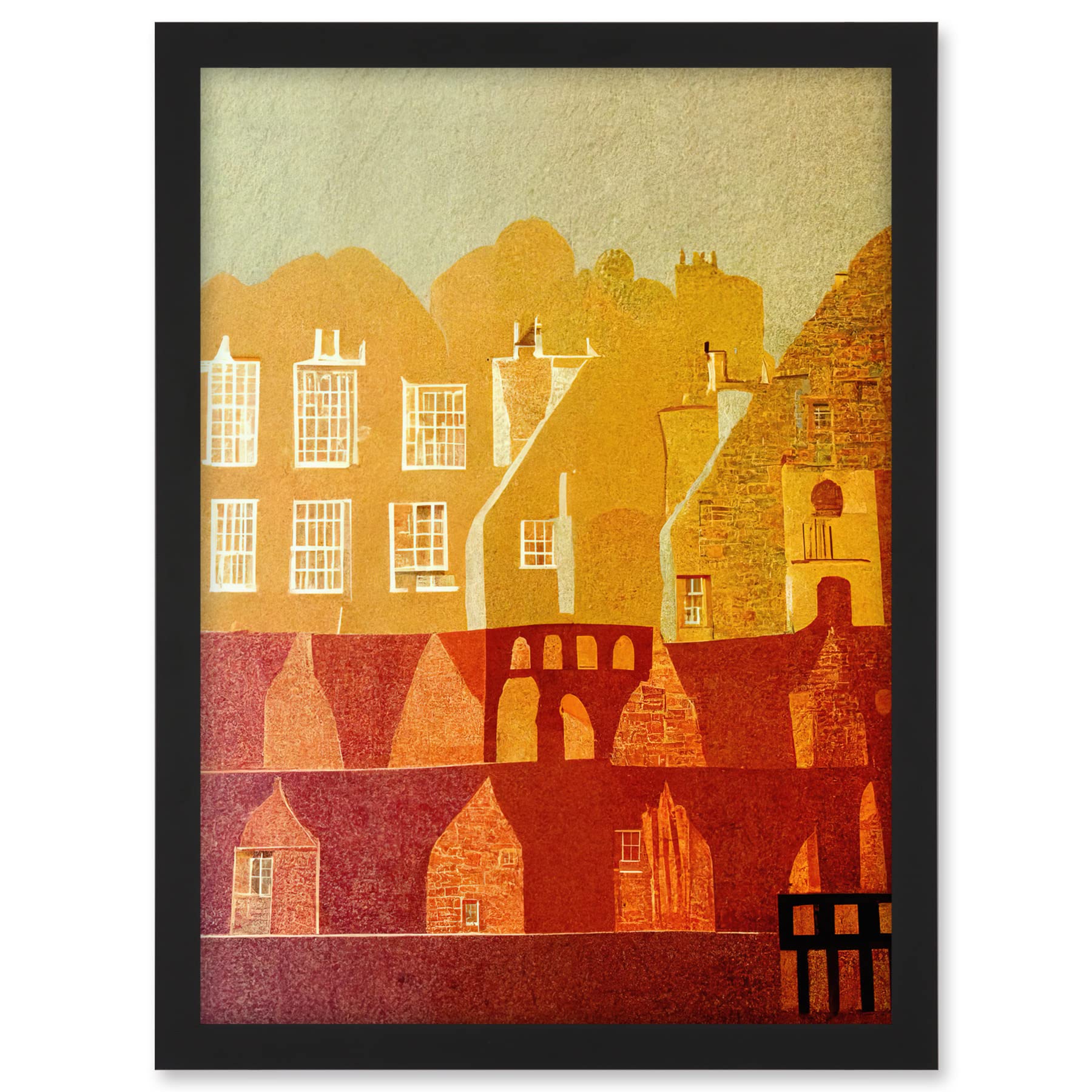 Wee Blue Coo Vintage Folk Art Mid Century Cityscape Abstract Artwork Framed A3 Wall Art Print