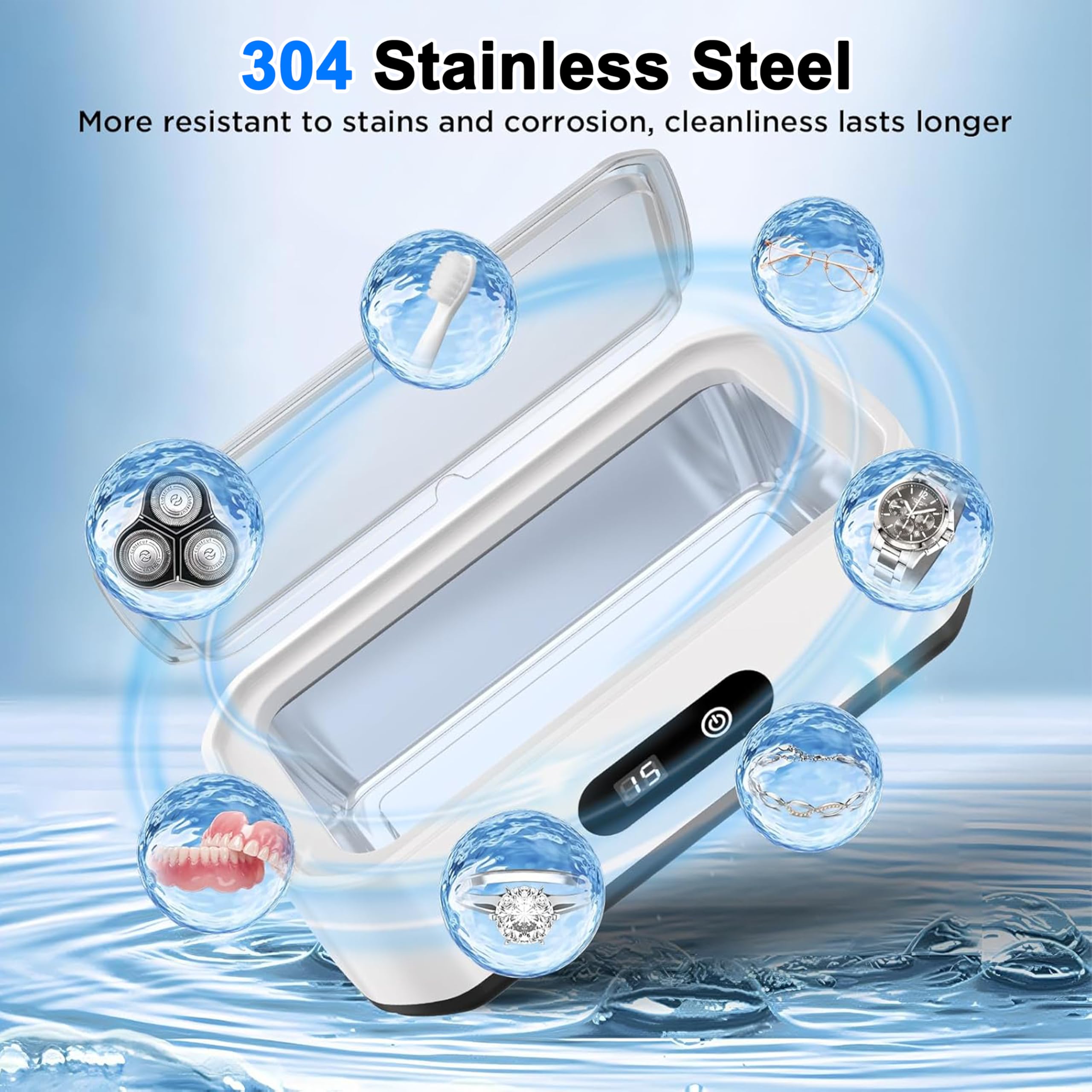 Limpiador ultrasónico de 49 kHz, gran capacidad de 650 ml, temporizador digital LED de 5 niveles, depósito interior de acero inoxidable 304, ideal para gafas, joyas, prótesis dentales, relojes