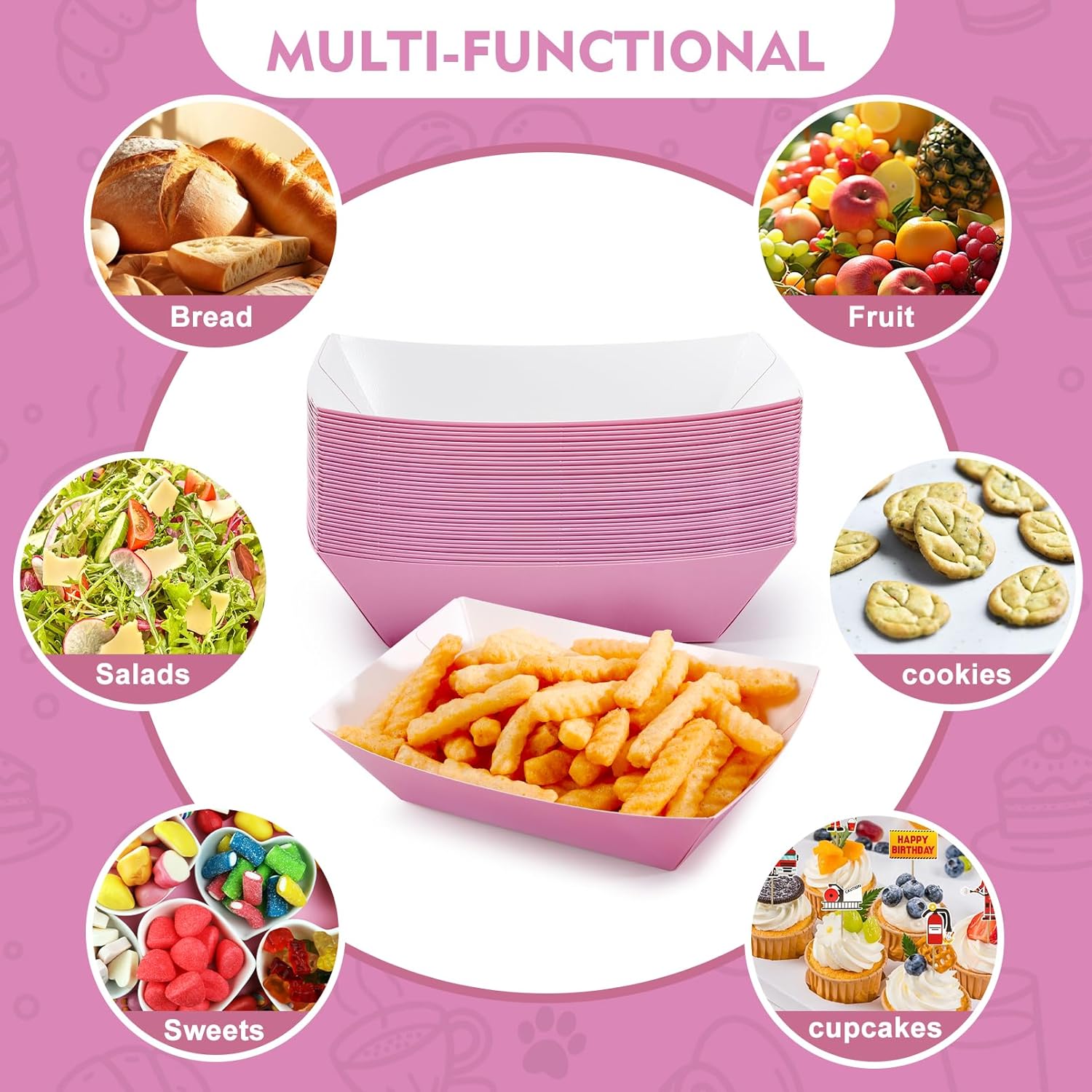 200 PCS Paper Food Trays, 1 LB Food Boats, Disposable Kraft Paper Serving Boats, Disposable Nacho Tray Boat Trays for Party Nachos Tacos Hot Dog Fries, Water & Grease Resistant, Pink