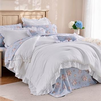 MR&HM Ruffle Comforter Set Queen Size 7 Pieces, Shabby Chic Bedding Set