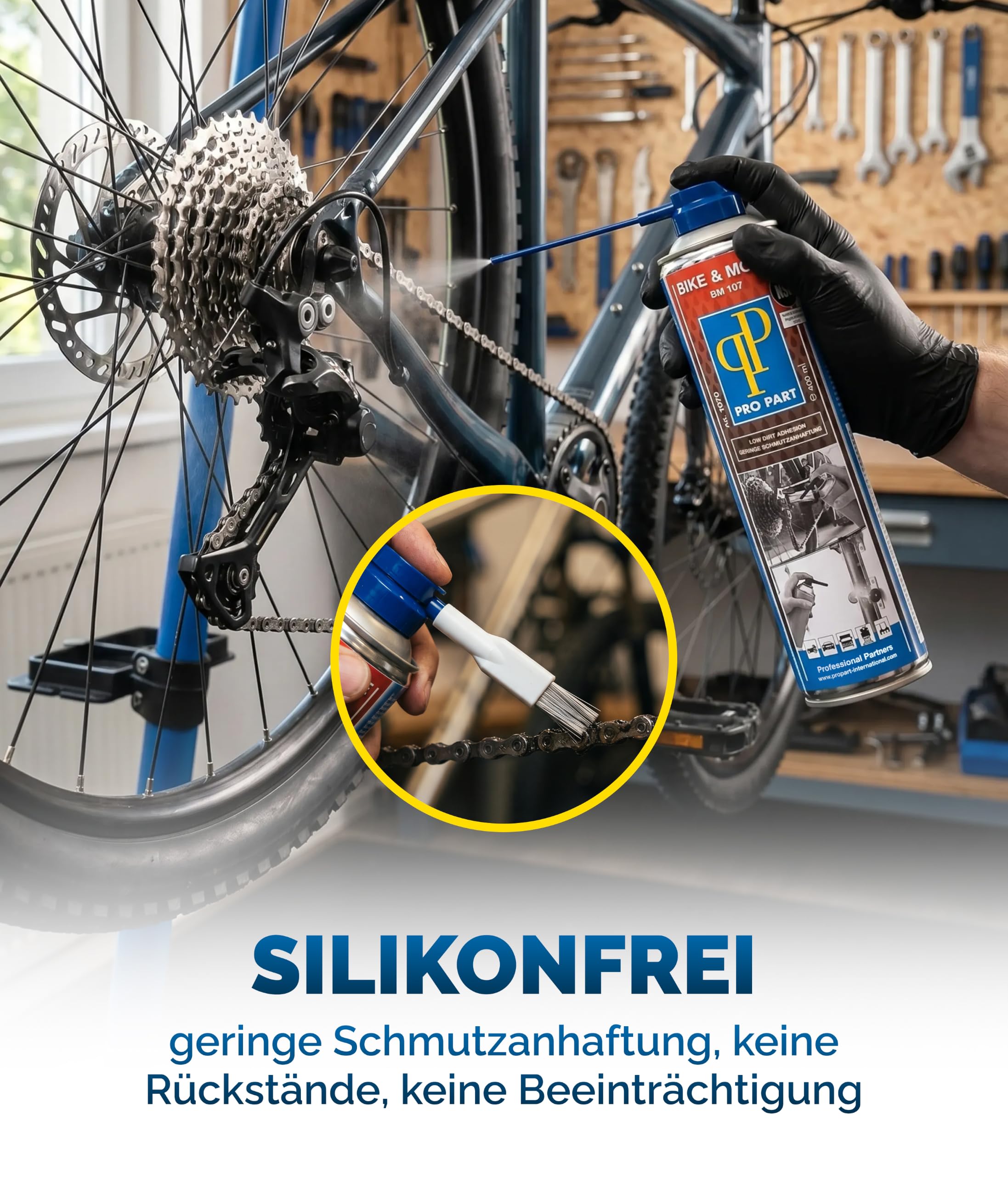Pro Part® Bike & More BM 107 PTFE Schmierspray 3 x 400 ml – silikonfrei & lösungsmittelfrei – verdrängt Feuchtigkeit, geringe Schmutzanhaftung – Für Fahrradkette, Türschloss, Laufband – PTFE Spray