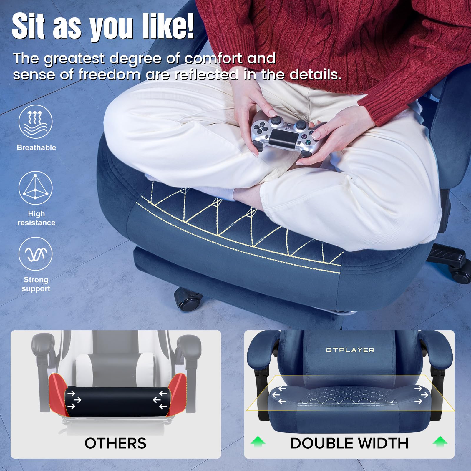 GTPLAYER Silla Gaming Ergonómica de Tela para PC y Oficina, 150 kg, Regulable y Giratoria con Cojín de Asiento con Muelles y Reposapiés, Azul