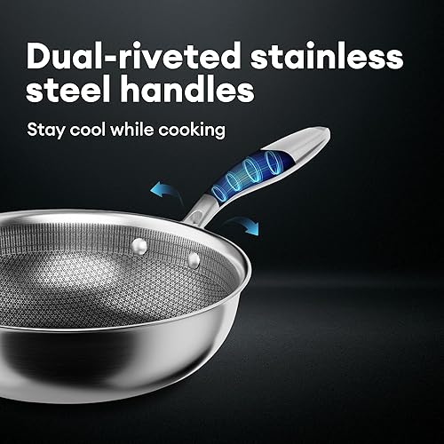 Miniatura 8 de COOKER KING Wok Hybird de 10 pulgadas con tapa, wok antiadherente de grado profesional, woks de acero inoxidable y sartenes para freír, mango que se