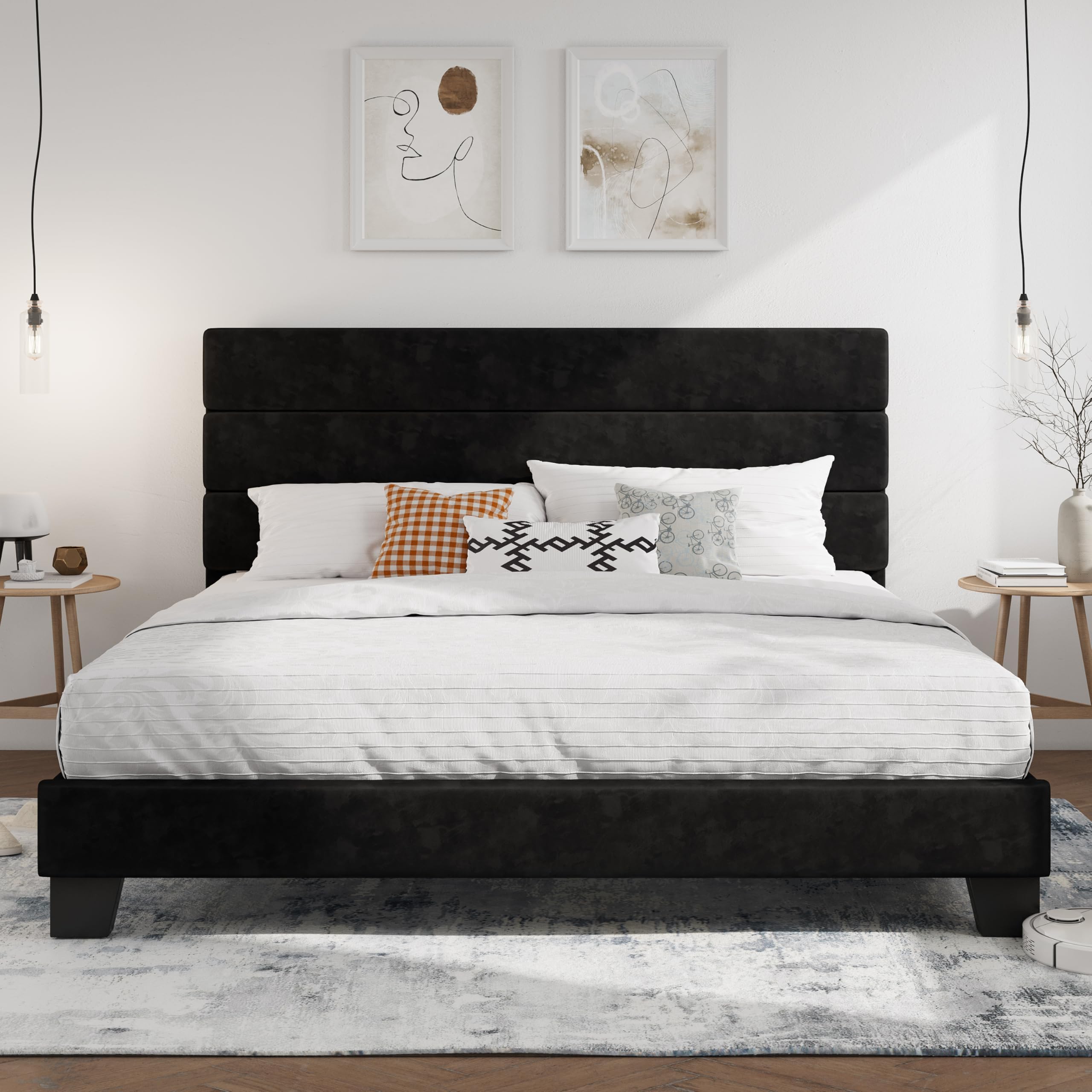 SHA CERLIN Cal King Platform Bed Frame with Upholstered Velvet Headboard