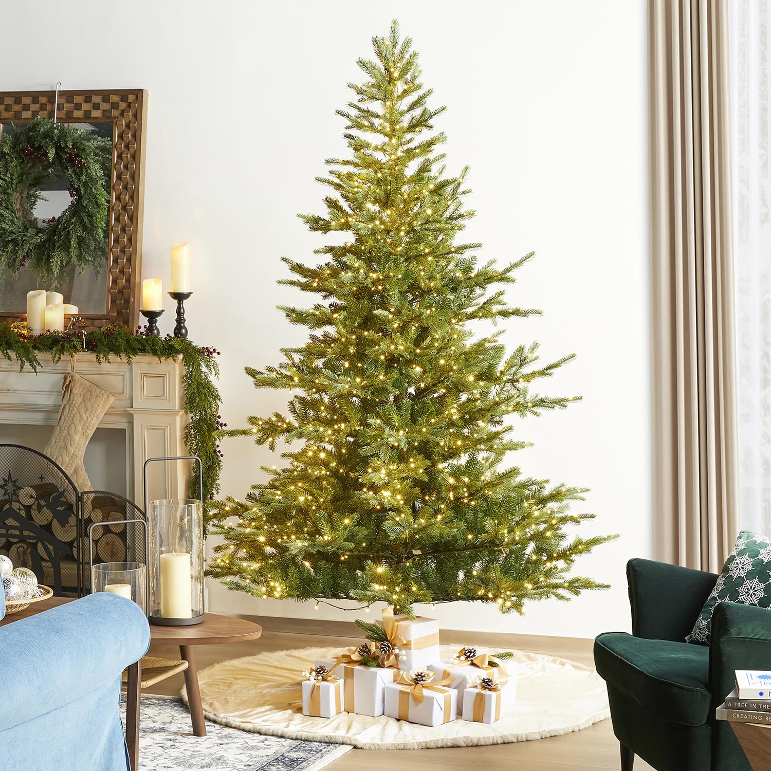 Glitzhome 7.5ft Prelit Christmas Tree, Artificial Christmas Tree Realistic Full Christmas Tree Vibrant Evergreen Fir with 1600 Warm White/Multi-color Lights, 9 Function w/Foot Pedal and Remote Control