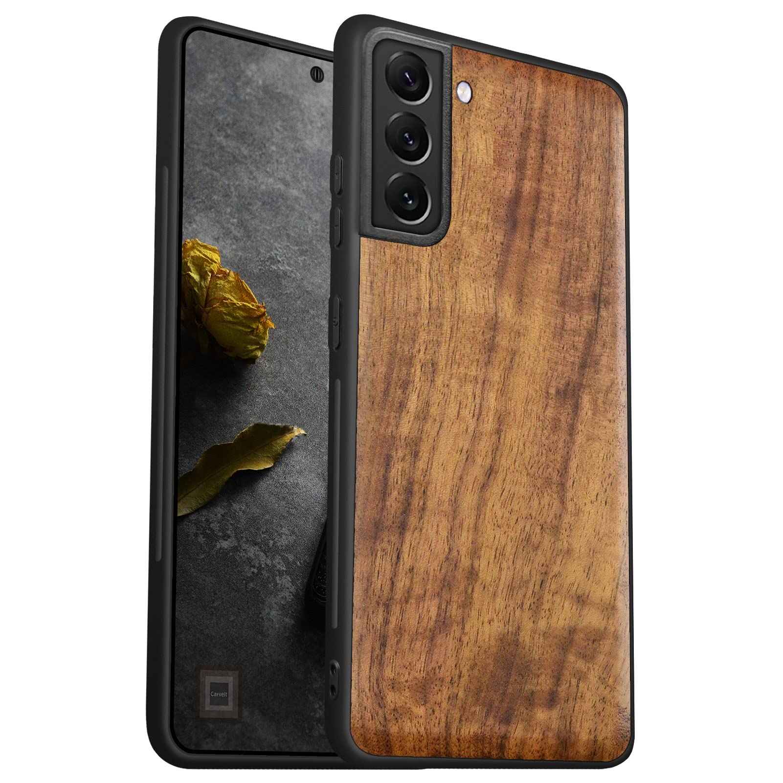 Carveit Wood Case for Galaxy S22 Case [Natural Wood & Black Soft TPU] Shockproof Protective Cover Unique & Classy Wooden Design Compatible with