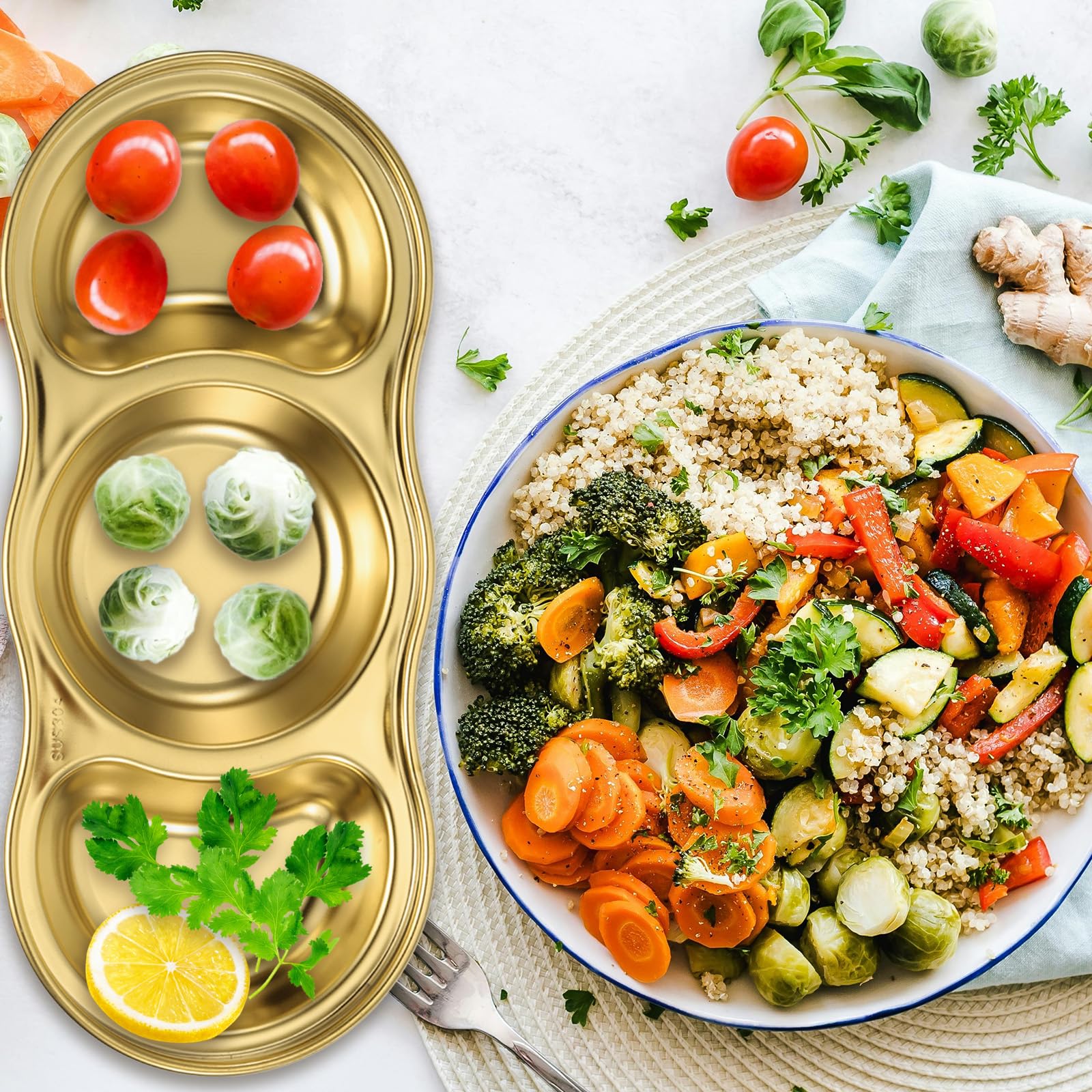 QUARKZMAN 10 Unidades De Cuencos Para Salsas De Acero Inoxidable Con 3 Compartimentos Redondos, Plato Para Condimentos Ideal Para Hogar Fiestas Restaurantes Picnic Viajes, Dorado