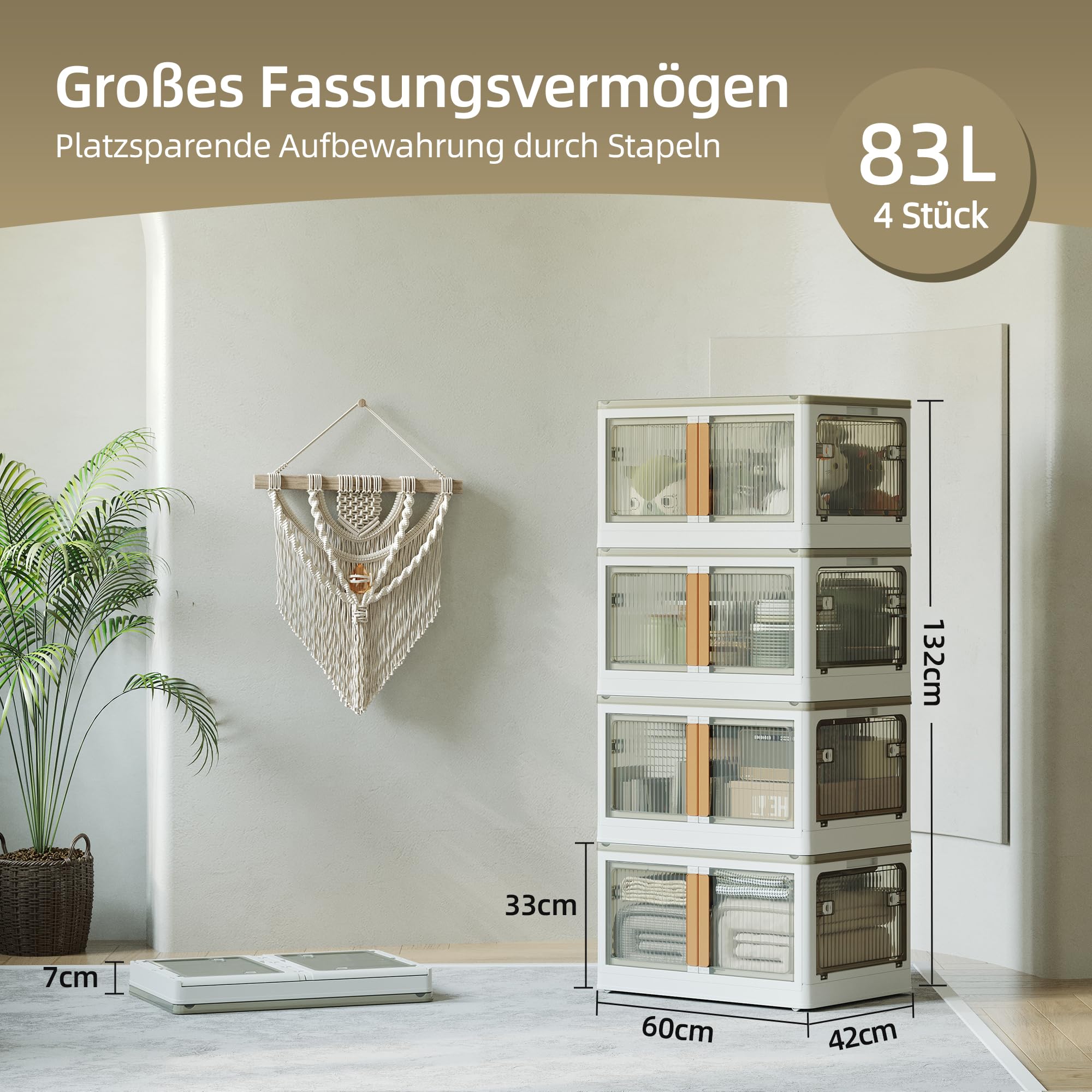 NETEL Aufbewahrungsbox mit Deckel, 83L 4 Stück Boxen Aufbewahrung, Stapelboxen, Plastikbox mit Deckel, Faltbare Aufbewahrungsboxen mit Tür und Rollen, 5 Seiten sind zu öffnen, Transparent und Stabil.