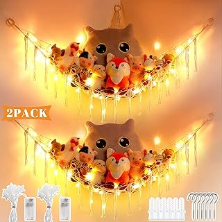 2 Set Stuffed Animal Net or Hammock with LED Light, Stuffed Animal Storage Stuffed Animal Hammock Corner Toy Hammock Macrame Stuffed Animal Organizer for Bedroom Nursery Kindergarten Decor (White)