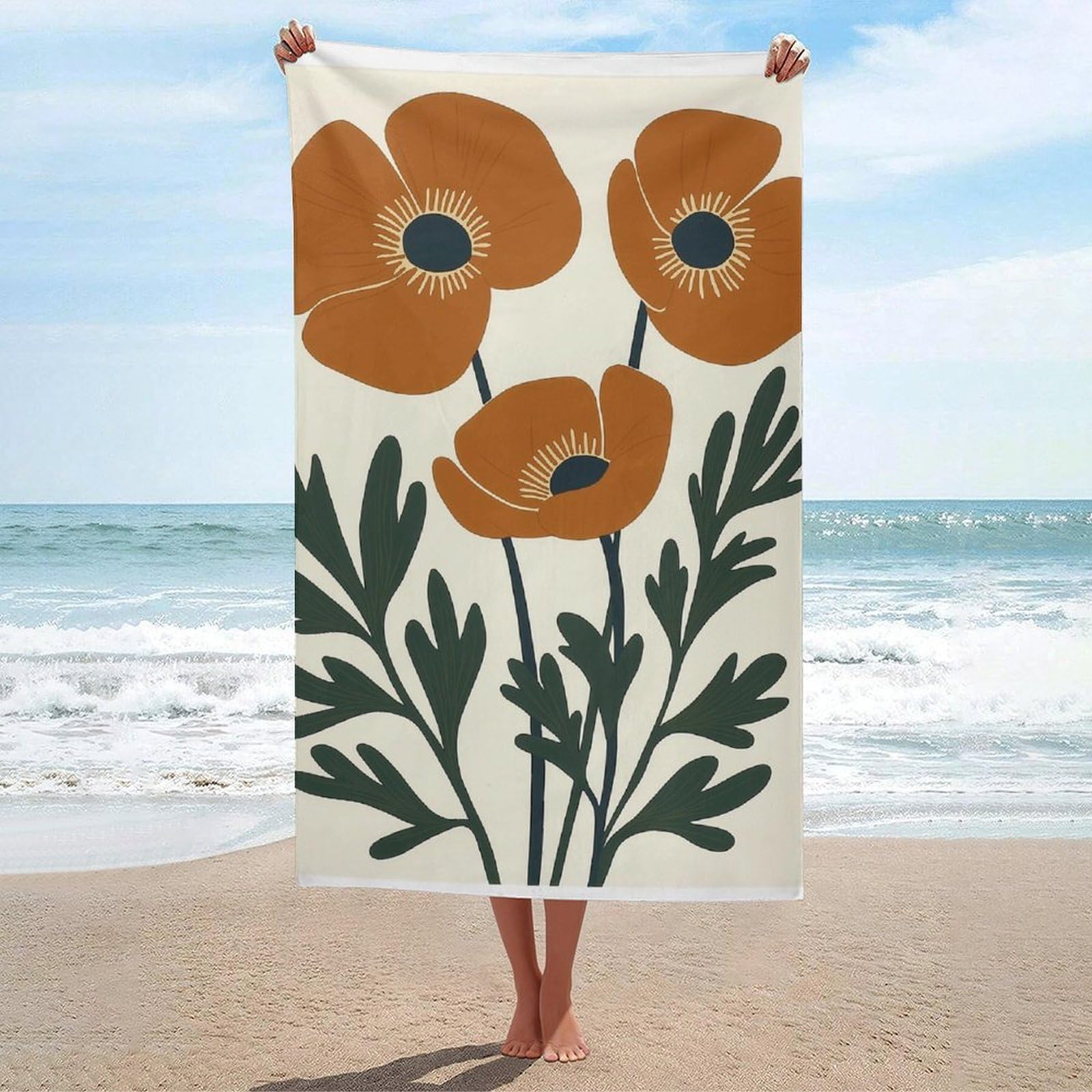 asbwuo Mid-Century Botanical Art Orange Poppy Flowers Beach Towel
