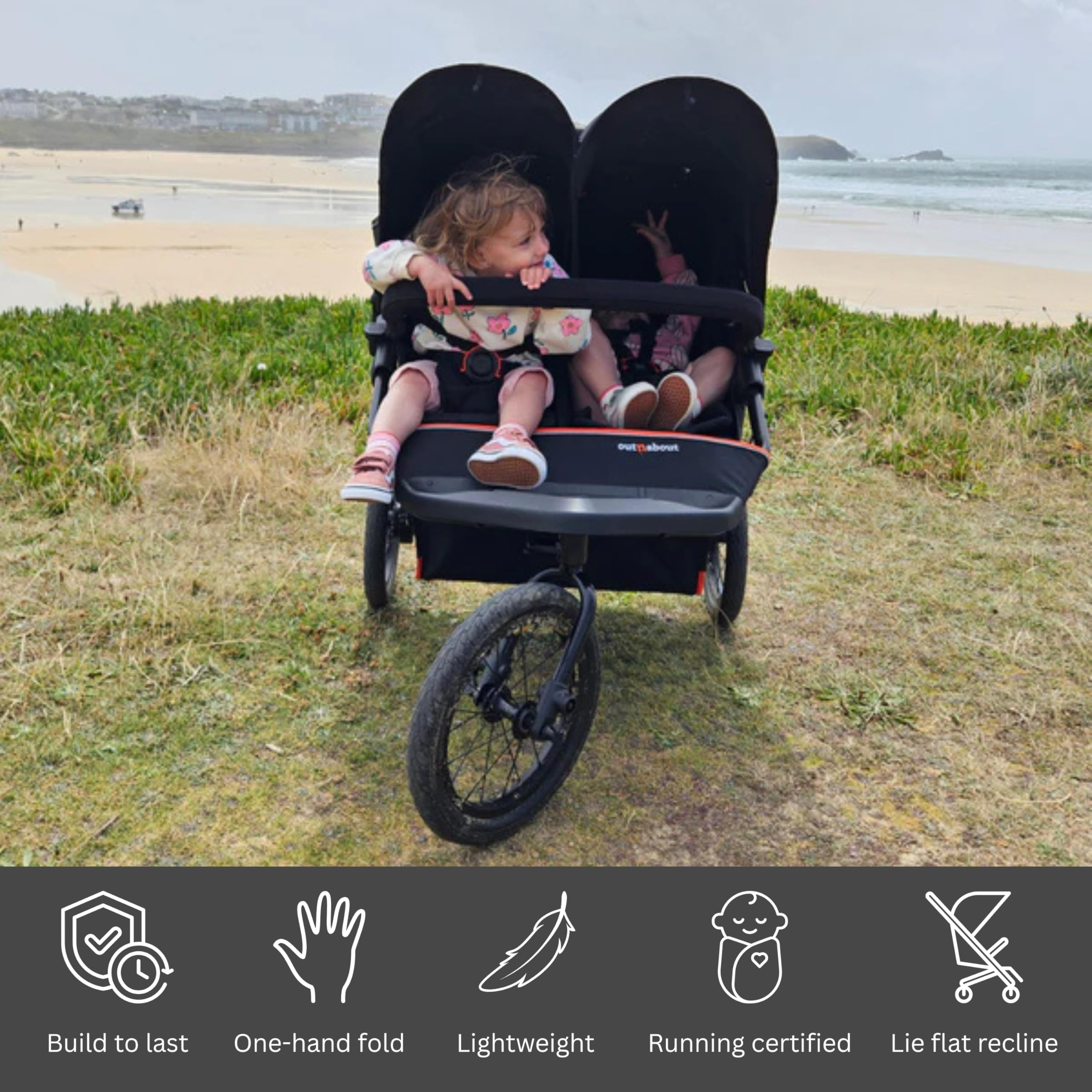 Out'n'About Nipper - Passeggino doppio modello V6+ e parapioggia, passeggino da corsa certificato, leggero per tutti i terreni con una sola mano, doppia carrozzina con sospensioni, ruote gonfiate ad