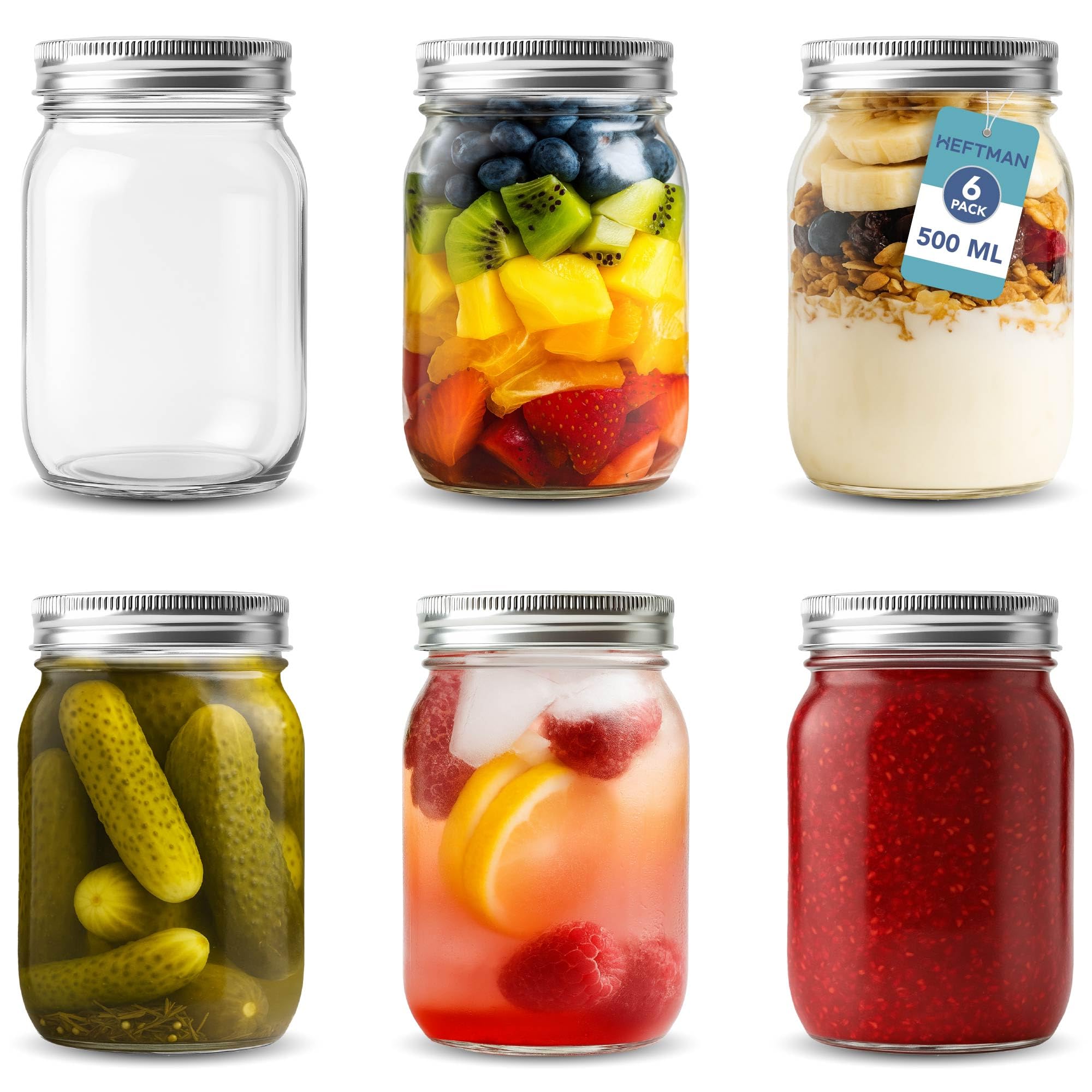Heftman Clear/Silver Glass Mason Jars With Lids - Set Of 6 500Ml Air Tight Jars For Overnight Oats, Homemade Jam - Sturdy Glass Jar With Lid For Honey, Pickling, Preserving, Food Storage (500Ml)