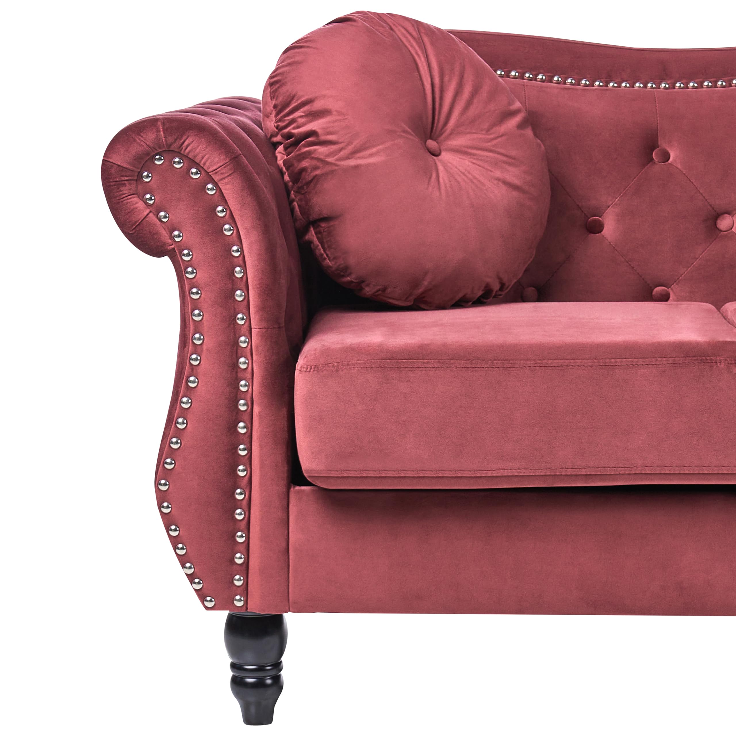 Trzyosobowa sofa welurowa pikowana ciemnoczerwona z okrągłymi poduszkami Skien