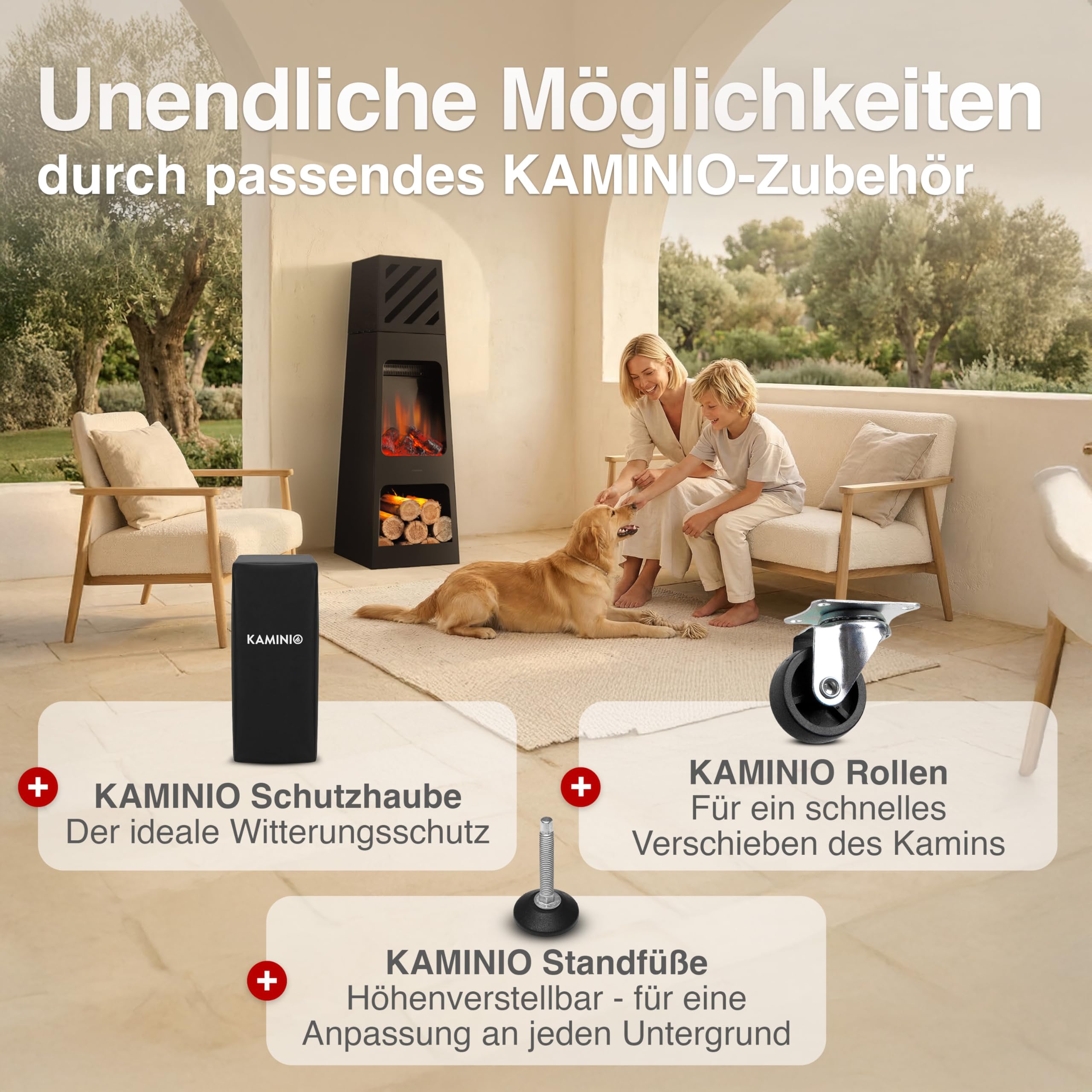 KAMINIO Elektrischer Gartenkamin Kai - Elektro Terrassenofen mit Heizung, 3D-Flammeneffekt, Holzfach, LED-Ambientelicht, Fernbedienung (X-Large)