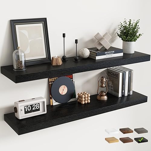 Miniatura 17 de Estantes flotantes para pared con soportes invisibles, estantes de madera de ingeniería montados en la pared con grano de madera para sala de estar,