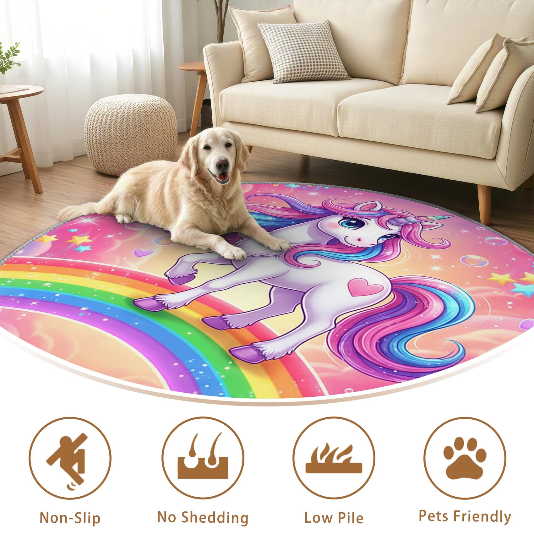 Einhorn Mädchen Teppich Rund 120cm Kurzflor - Waschbare Teppiche Wohnzimmer Rosa Einhorn Motiv Regenbogen Wolken - Runder Teppich 120 Durchmesser - Bettvorleger Schlafzimmer rutschfest