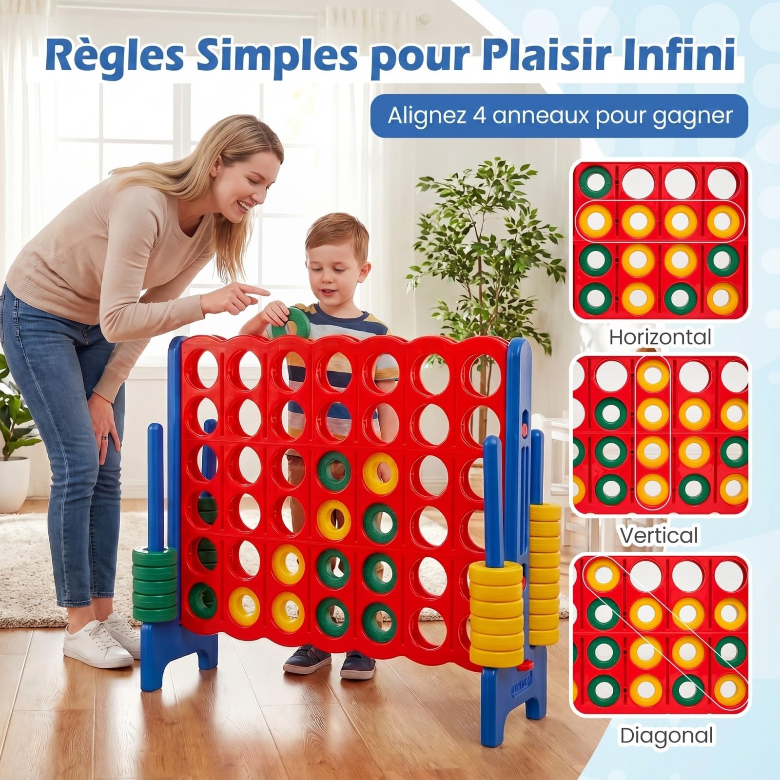 GOPLUS Puissance 4 Géant avec 42 Anneaux, Levier, Porte-Anneaux Latéraux, Plateau en Plastique, Jeu de Société Éducatif 4-en-Ligne pour Réunions de Famille Intérieur/Extérieur, 2-4 Joueurs (Bleu)