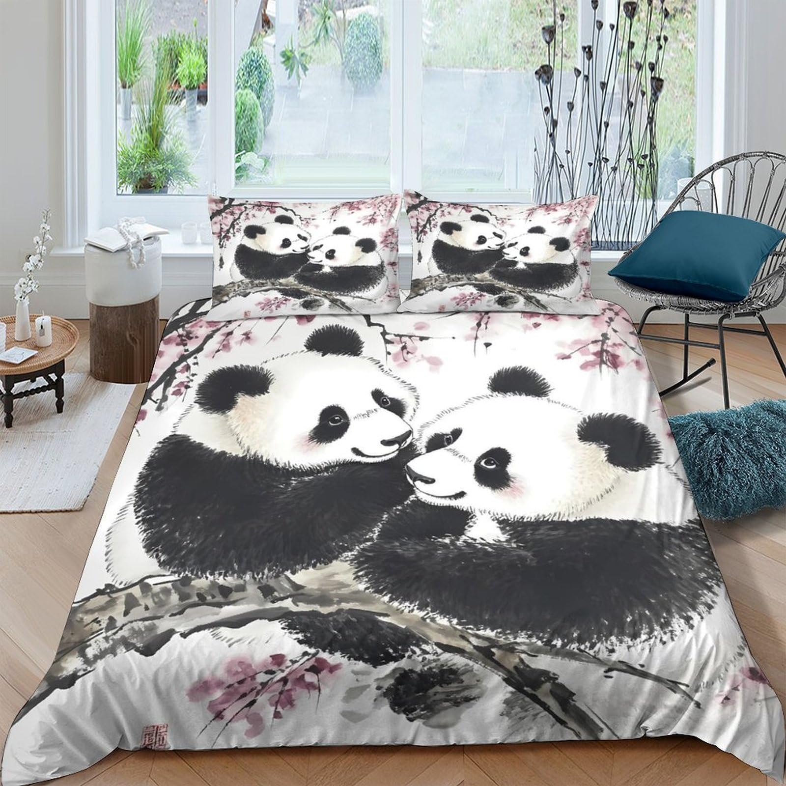 Ctjqhvkz Style-1 3D Printed Panda Lovers Fitted Sheet Microfiber Soft Breathable Cherry Blossom Bed Cover For Bedroom Dorm Mattress Protection Decor Single（135X200cm）