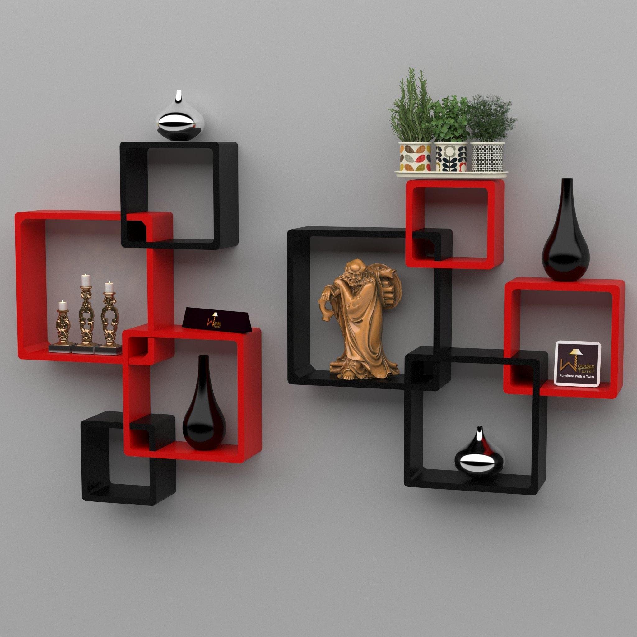 Rafuf Wooden Intersecting Wall Shelves ( Set of 8 ) (Red & Black)