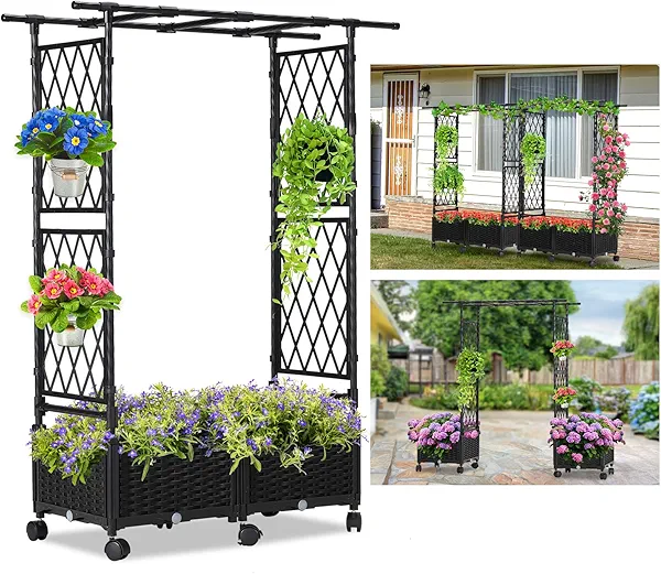 FOLLOOK Planter Box with Trellis Outdoor, 53.1in Plastic Raised Garden Bed with Trellis Hanging Roof for Vine Flower, with Lockable Wheels & Drain Plug for Patio Backyard Balcony, Black, 1 Pc