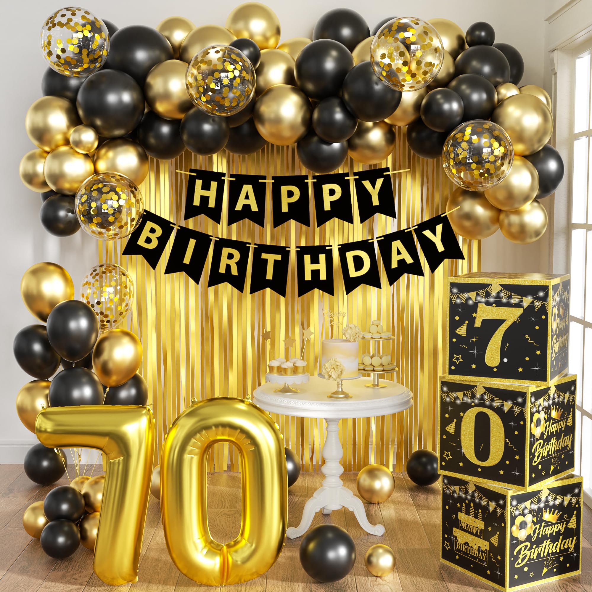 Gold 70th birthday decorations Kit for Men,3pcs birthday Decorations for Men boys black and gold Balloon Boxes Birthday Party Favors