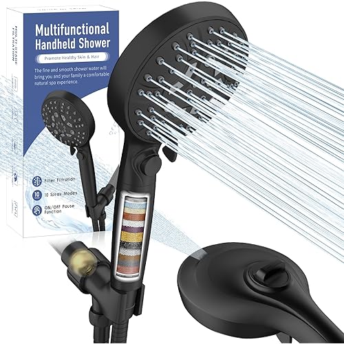 JONKEAN Handheld Water Softener Shower Head with Filter for Hard Water, Detachable Powerful Hand Held Shower Heads High Pressure, Pause Filtering Shower Head to Remove Chlorine and Fluoride (Black)