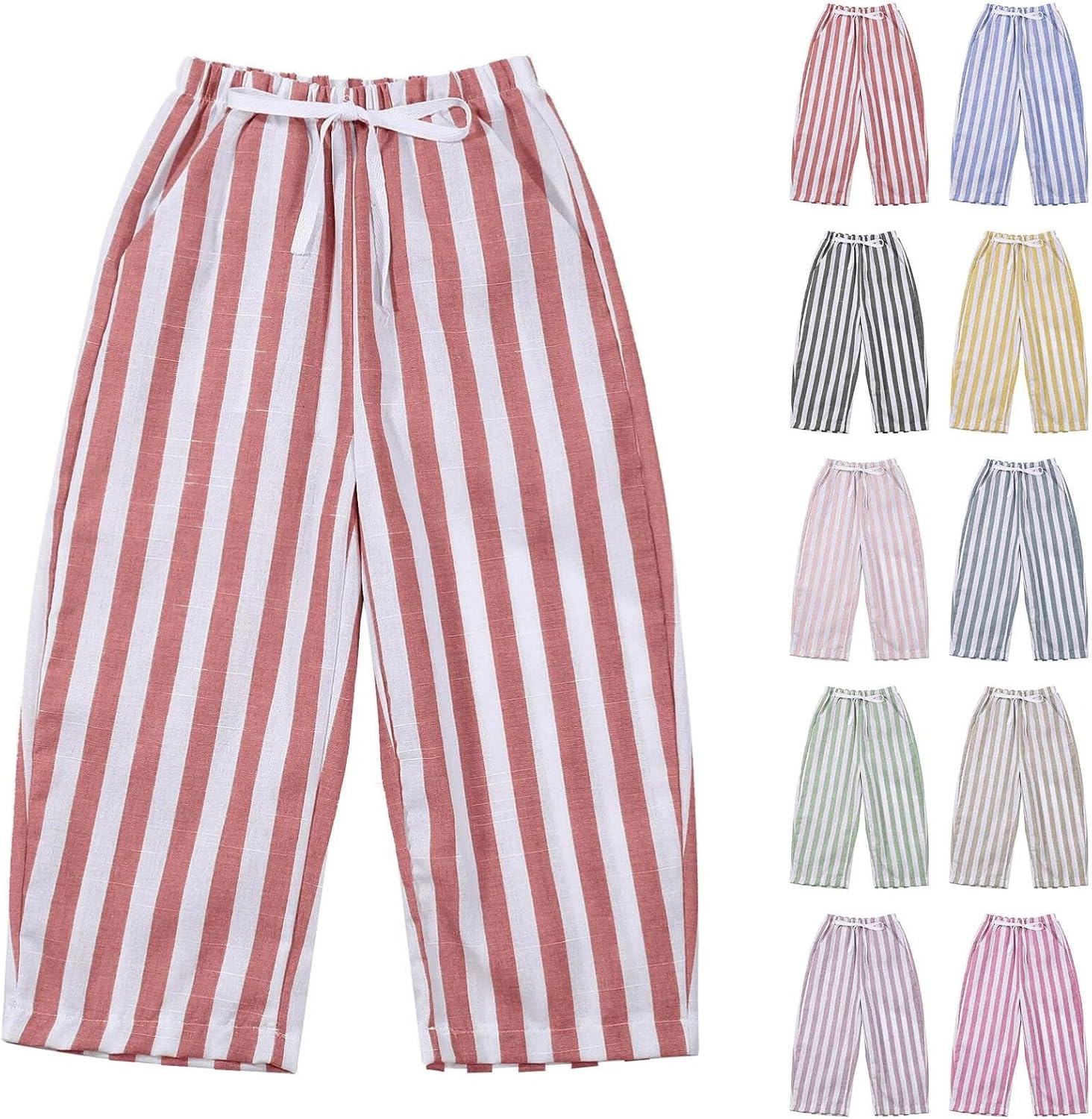 Baby Girls Boys Striped Pants Cotton Linen Wide Leg Baggy Long Pants Casual Elastic Waisted Pull On Boho Trousers