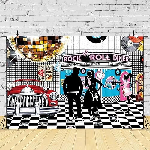 Miniatura 10 de Telón de fondo de fotos de estilo retro disco  Rollo de rock de los años 50, baile de graduación, cumpleaños, comedor, decoración de fiesta, cartel