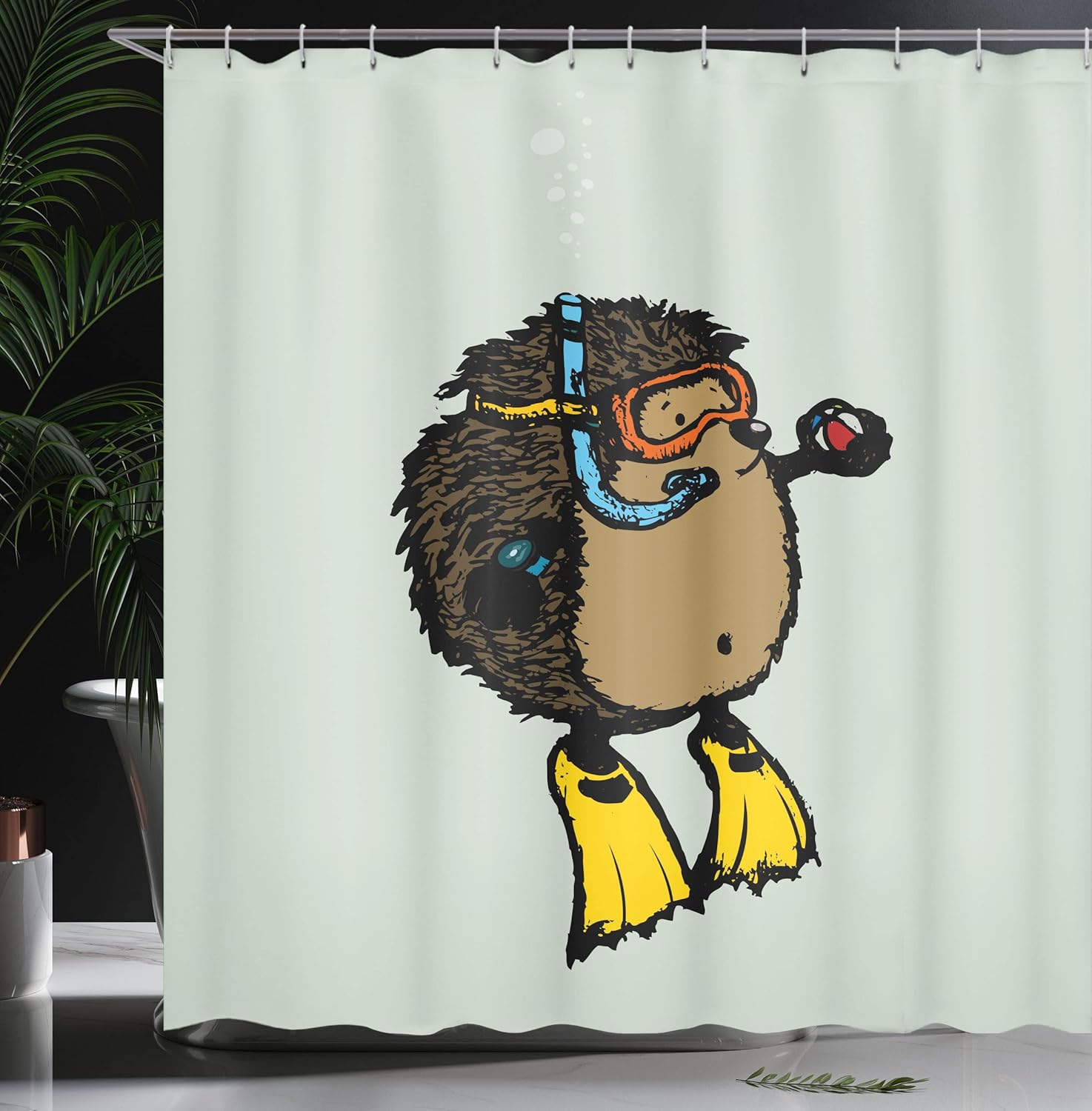 Ambesonne Animal Shower Curtain, Cartoon Scuba Diver Hedgehog Illustration Funny Sea Life Themed, Cloth Fabric Bathroom Decor Set with Hooks, 69" W x 70" L, Pale Blue Yellow