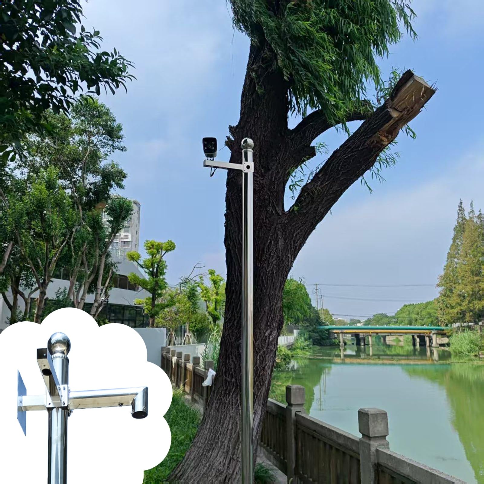 Aioneer Outdoor Security Camera Pole Mount, 6.6Ft Stainless Steel Stand With 3 Brackets, Free-Standing Surveillance Post, Adjustable Detachable Design For Wide View