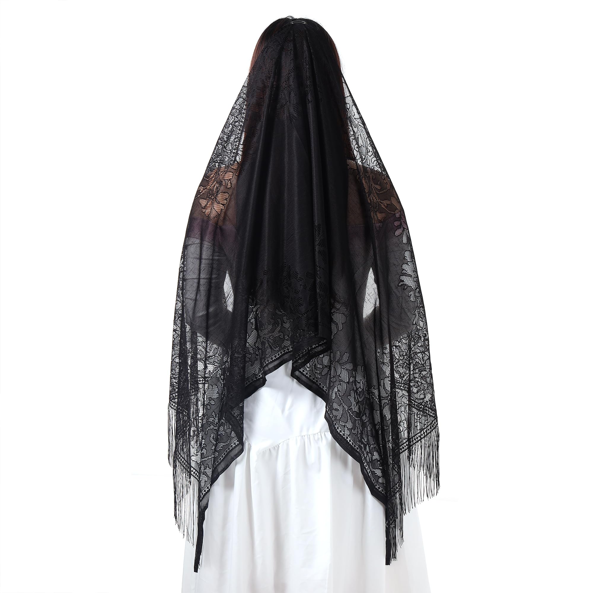 Manfnee Black Lace Shawls and Wraps for Evening Dresses with Tassels Wedding Party Mesh Lace Veil